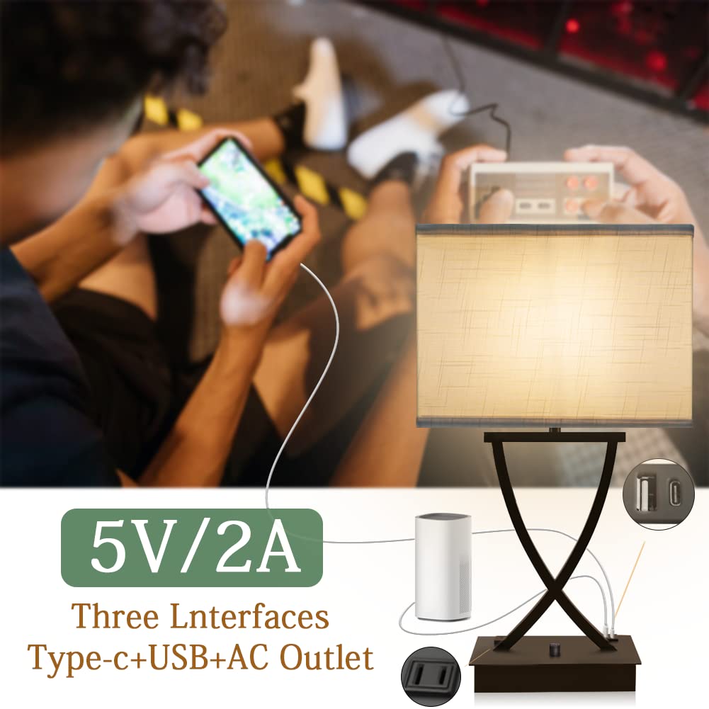 Oyedis Fully Dimmable Medium Table Lamp For Bedroom With Type C/Usb Charging Port And 1 Ac Outlet White Shade 21.38'' Bedside Ni