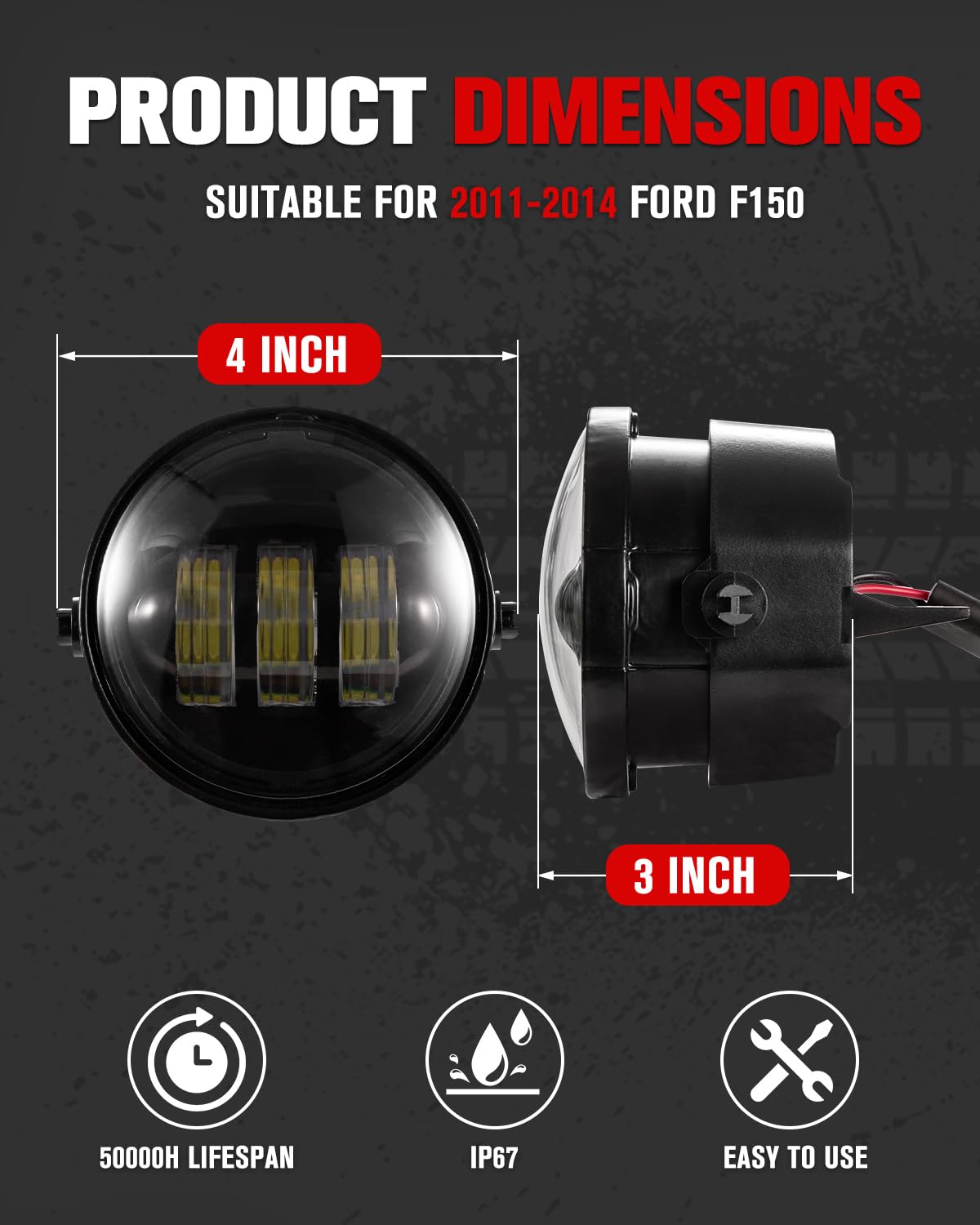 LITE-WAY F150 LED Fog Lights - 30W 4-inch Round Assembly, Smoke Lens for 2011-2014 Ford F150, Front Bumper Driving Lights