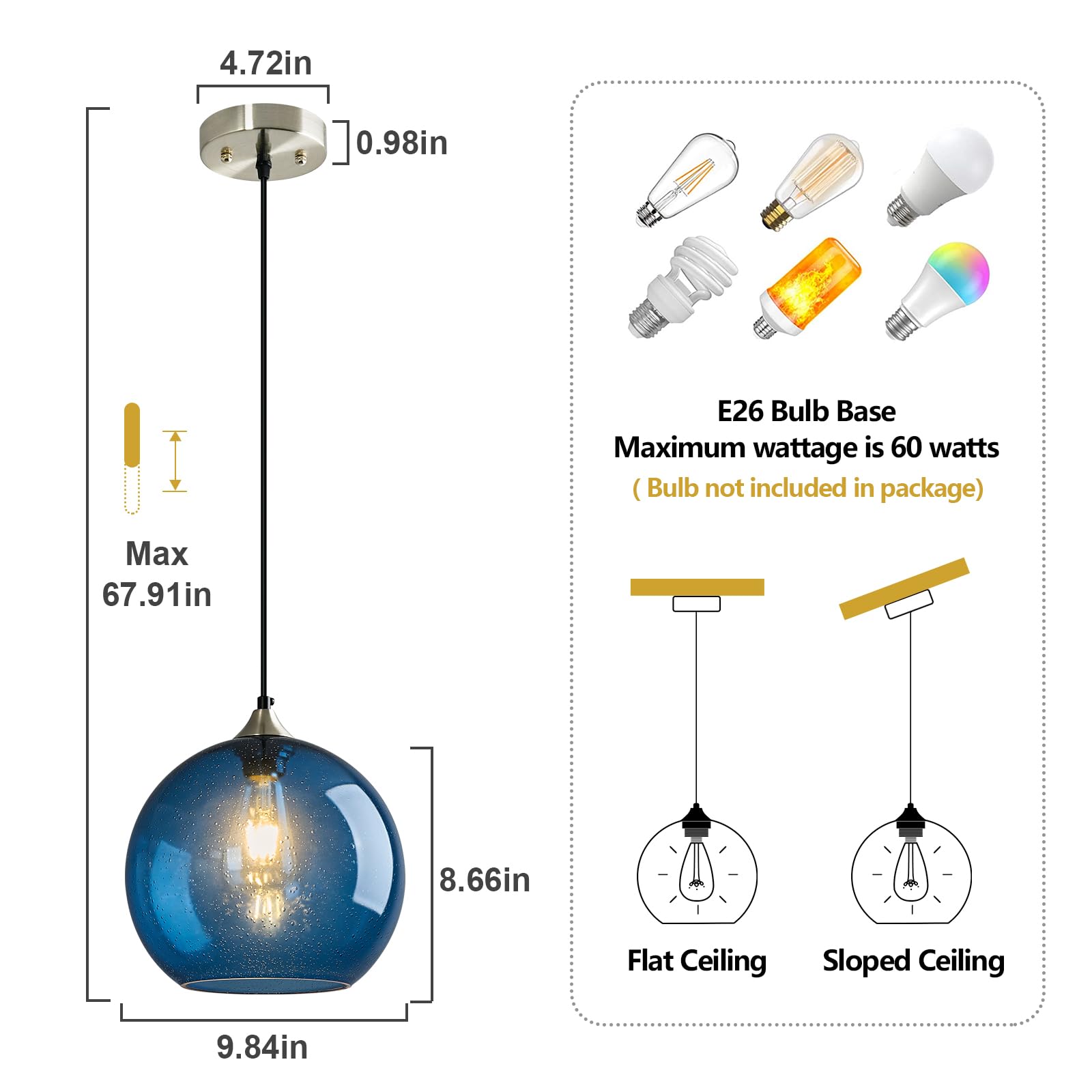 Lbsqj Blue Glass Pendant Lights Kitchen Island Lighting Globe Pendant Light Fixtures Modern Pendant Lighting For Kitchen Island Bedroom Living Dining Room Light Fixture(9.84In  3-Pack)