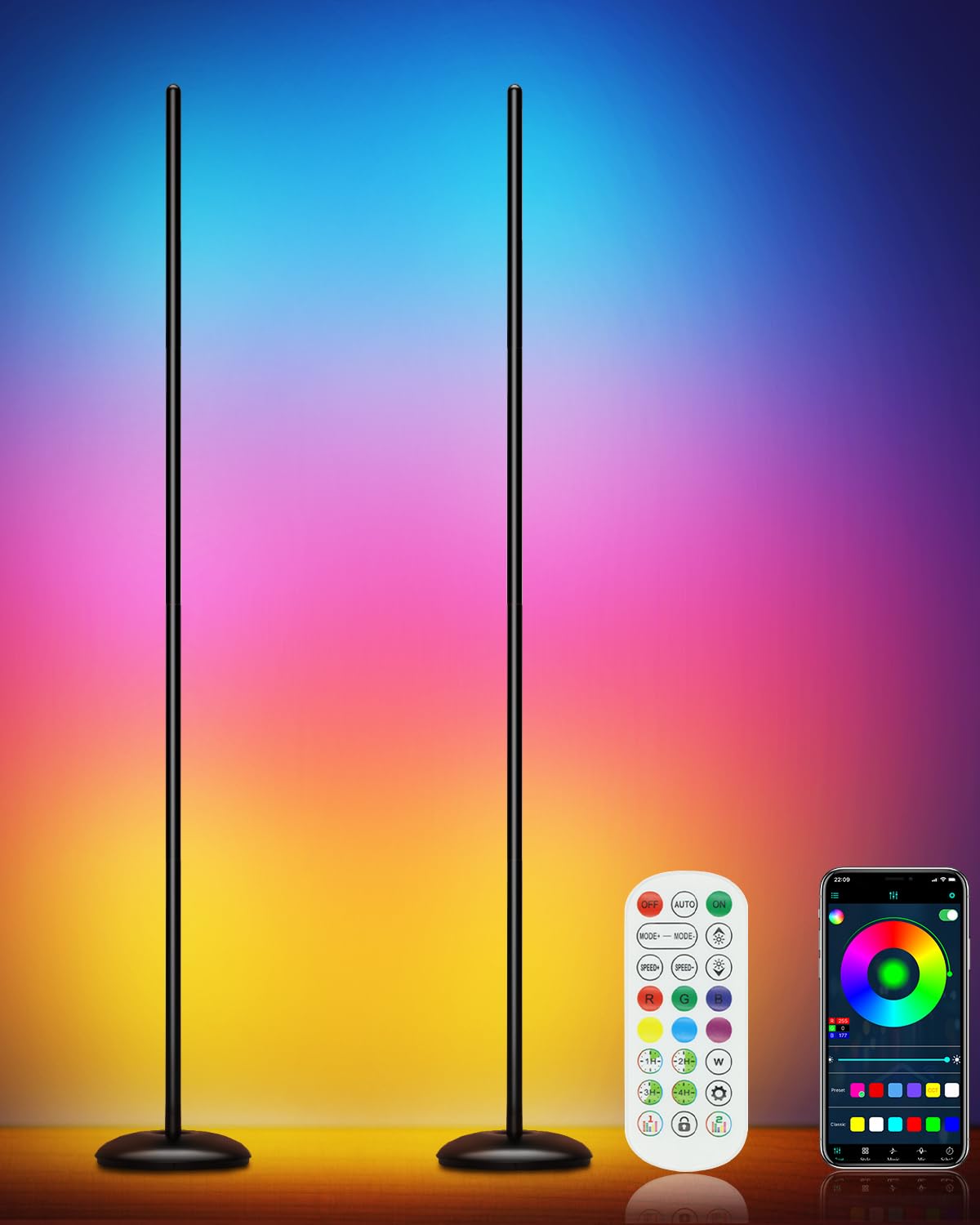 Vexinat Corner Floor Lamp - 2 Pack LED Smart Lamp with App/Remote Control, Music Sync, 16 Million Colors, Black, Model HC601