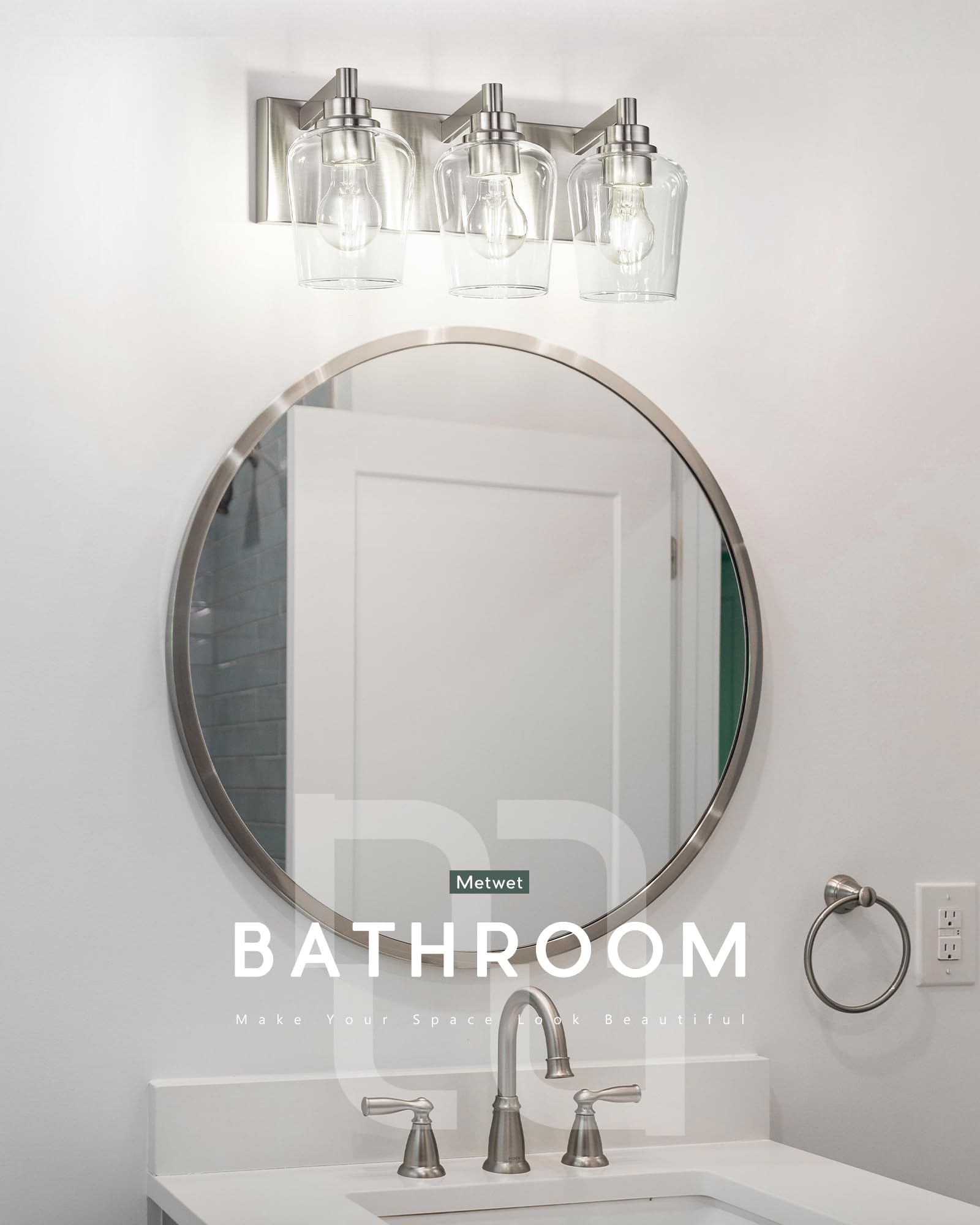 METWET 3-Light Bathroom Vanity Light Fixture, Brushed Nickel, Clear Glass Wine Glass Shade, Model VL155-BN-3