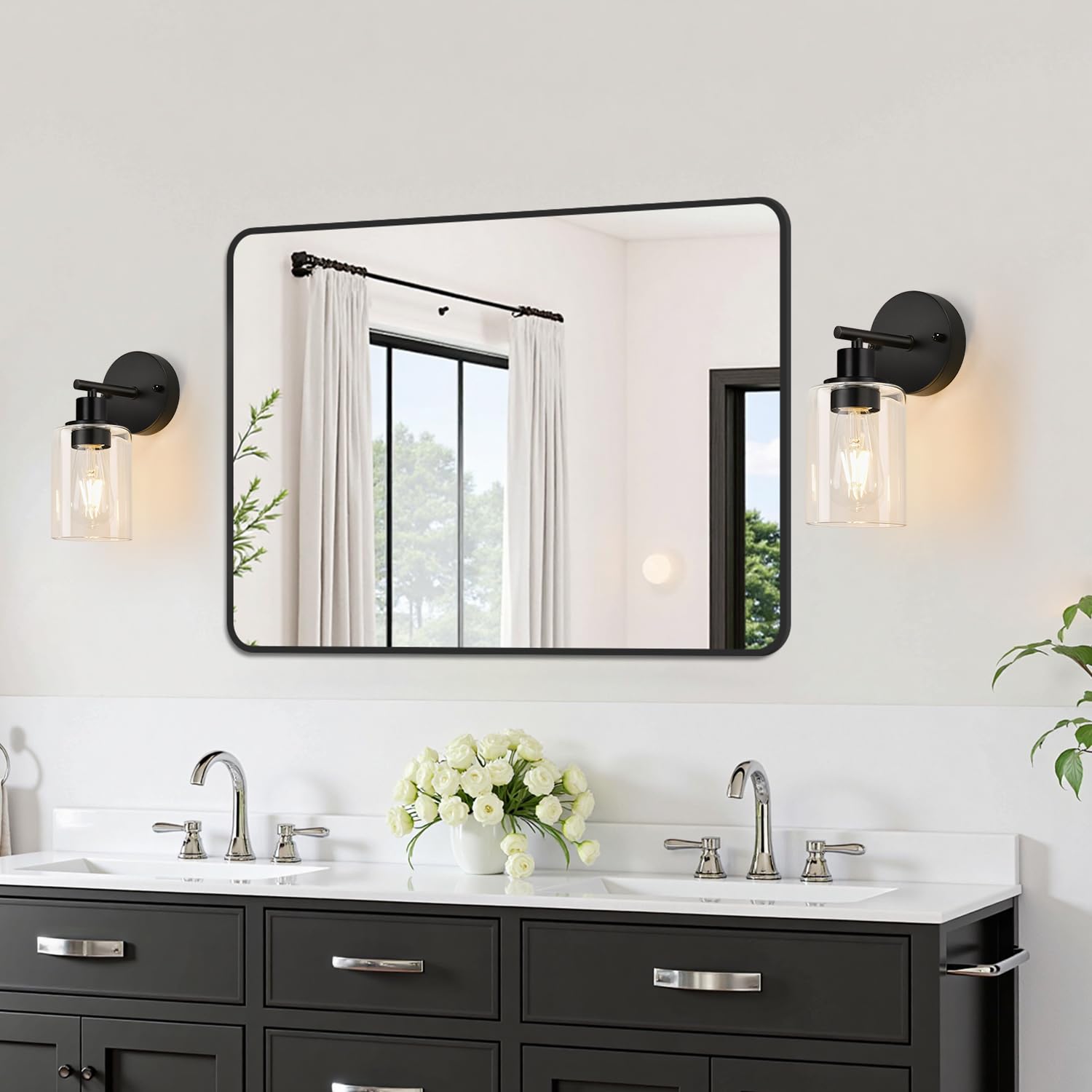 Zarbitta Set Of 2 Wall Sconces For Bathroom Black Modern Vanity Lights With Clear Glass Shade Bathroom Wall Lamp For Mirror Kitchen Living Room Hallway Cabinet Porch