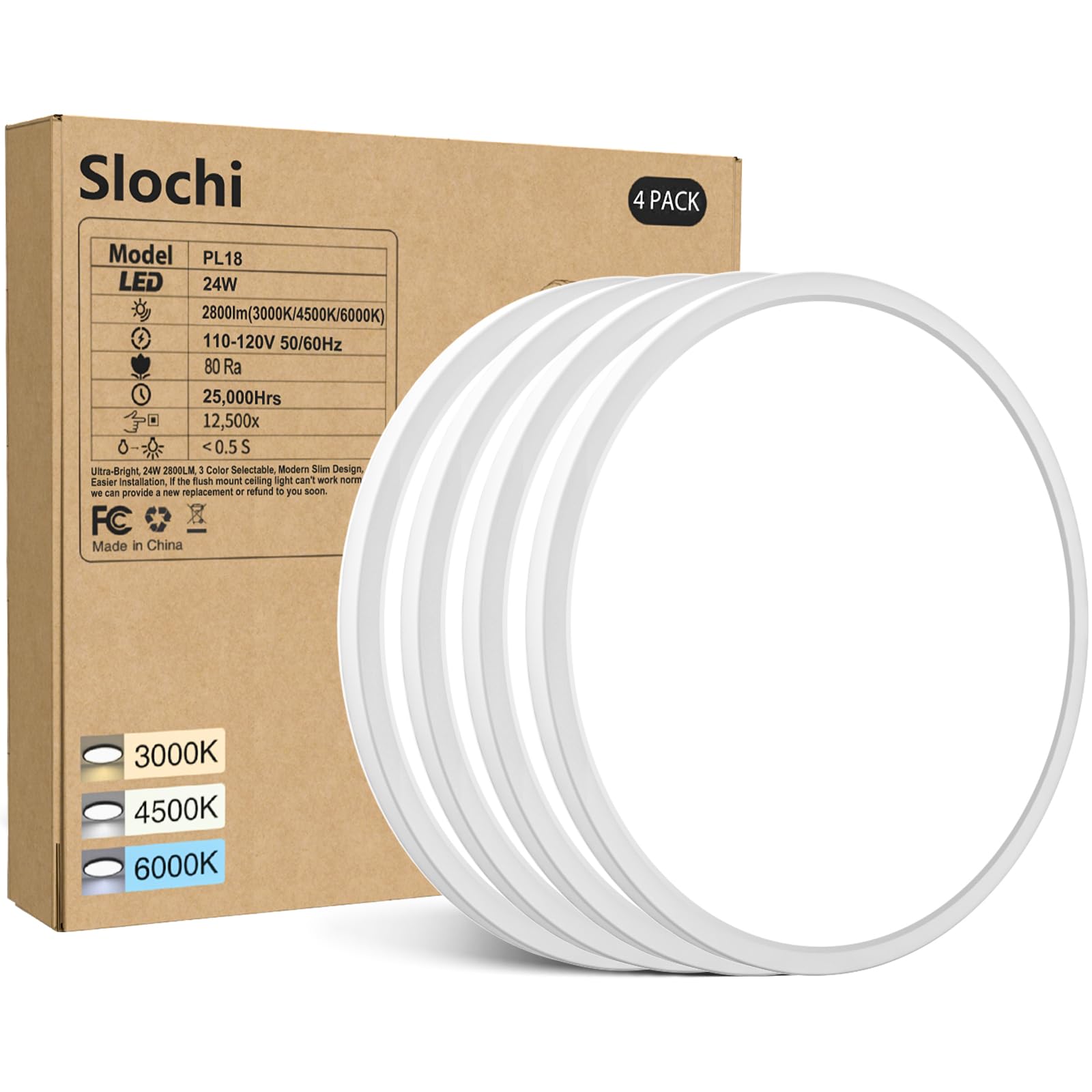 4PACK White Flush Mount LED Ceiling Light, 9Inch 24Watt, 3000k/4500k/6000K, Ultra Slim for Bedroom, Living Room, Kitchen, Hallwa