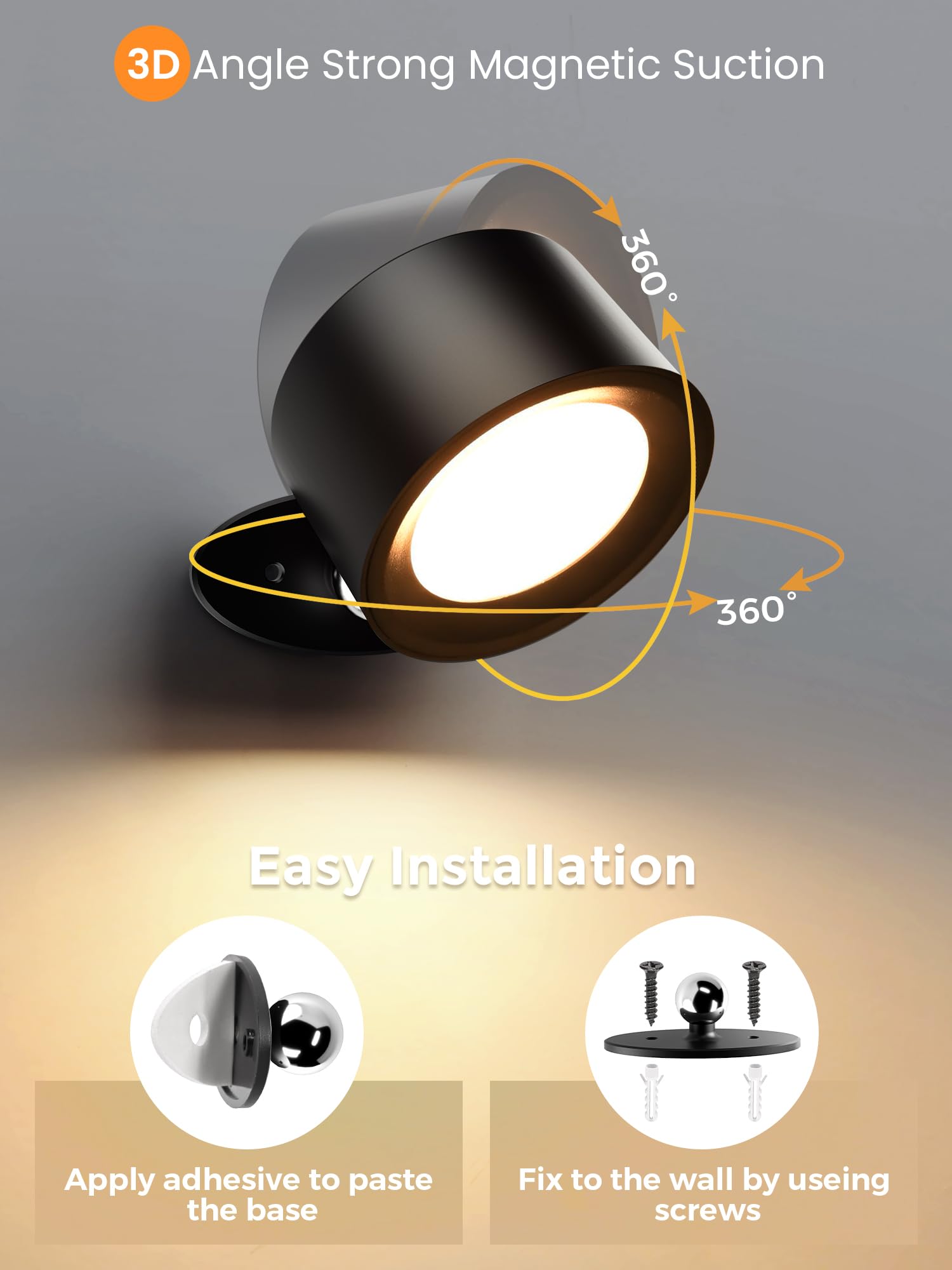 Auderwin Led Wall Sconces Battery Operated 360 Rotation Decor Wall Mounted Cordless Lights, 3 Color Temperatures & Dimmable, Wir