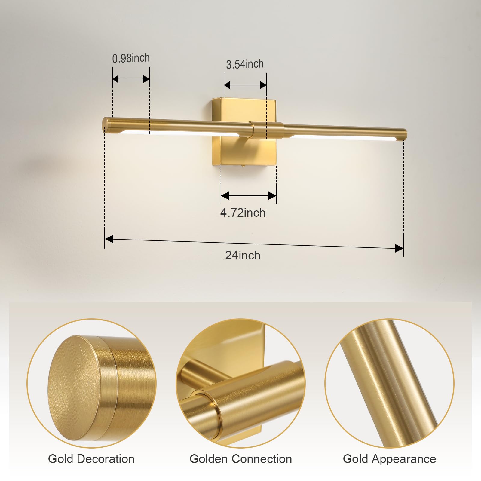 Faziyo Gold Vanity Light Fixtures For Bathroom Over Mirror 24 Inch Led Morden Bathroom Sconce 4000K Picture Lights For Paintings
