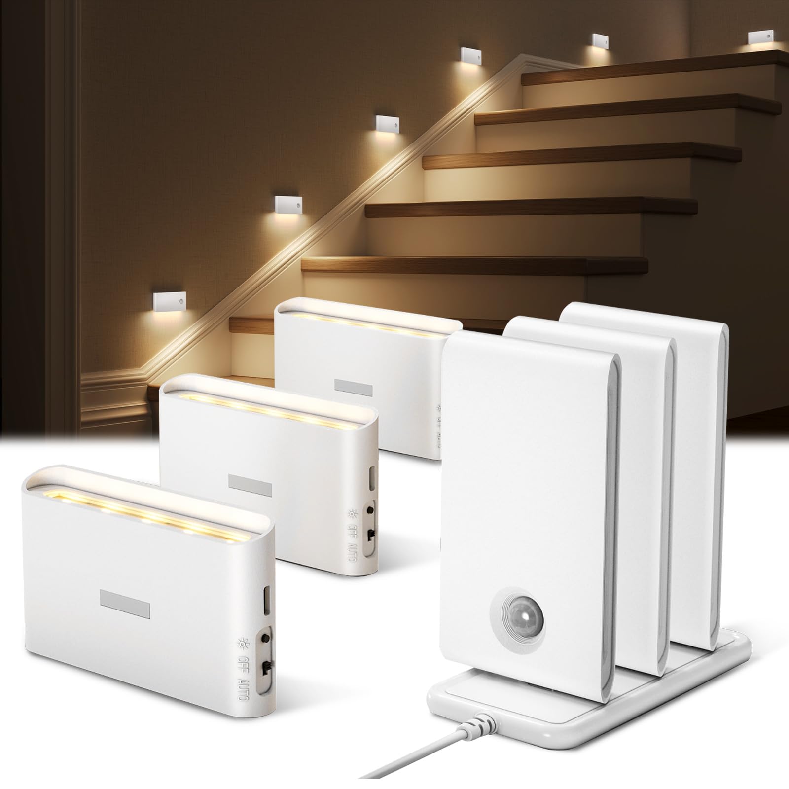 EZVALO 6 Pack Motion Sensor Night Lights with Charging Station, Sync LED Stair Lights Indoor, 1500mAh Rechargeable, Magnetic & D