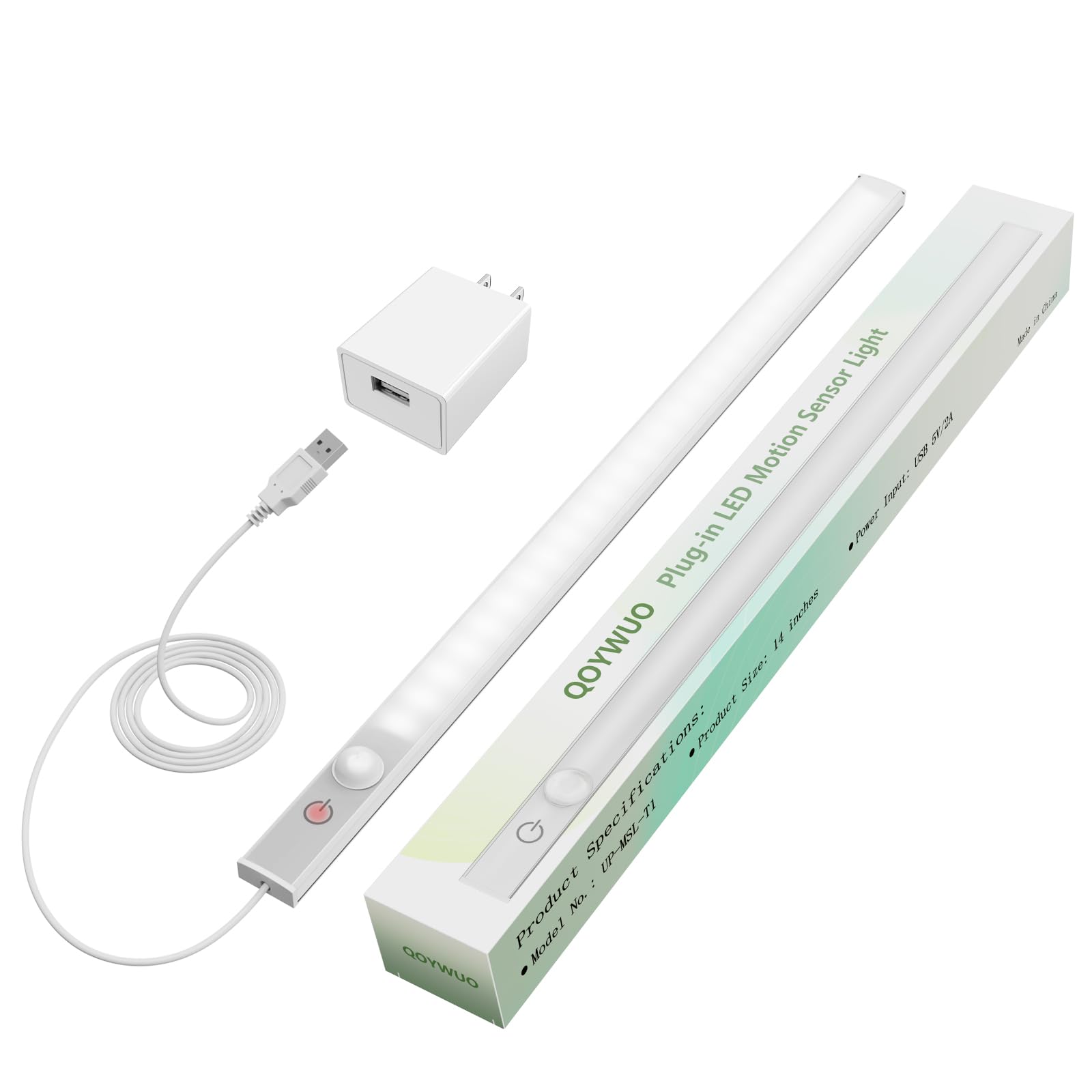 QOYWUO 14 Slim USB Plug-in LED Motion Sensor Light Indoor, Bright & Dimmable Under Cabinet Light - 3 Modes (ON/Night/Day) for Ki