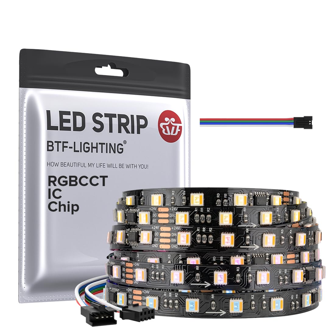 Btf-Lighting Ws2805 Ic Rgbcct Addressable Dual Data Led Strip 5050Smd 16.4Ft 60Led/M 10Pixel/M 5 Colors In 1 Chasing Color Rgb+Cct 3000K-6500K Lights Strip Ip30 Dc24V(No Adapter Or Controller)