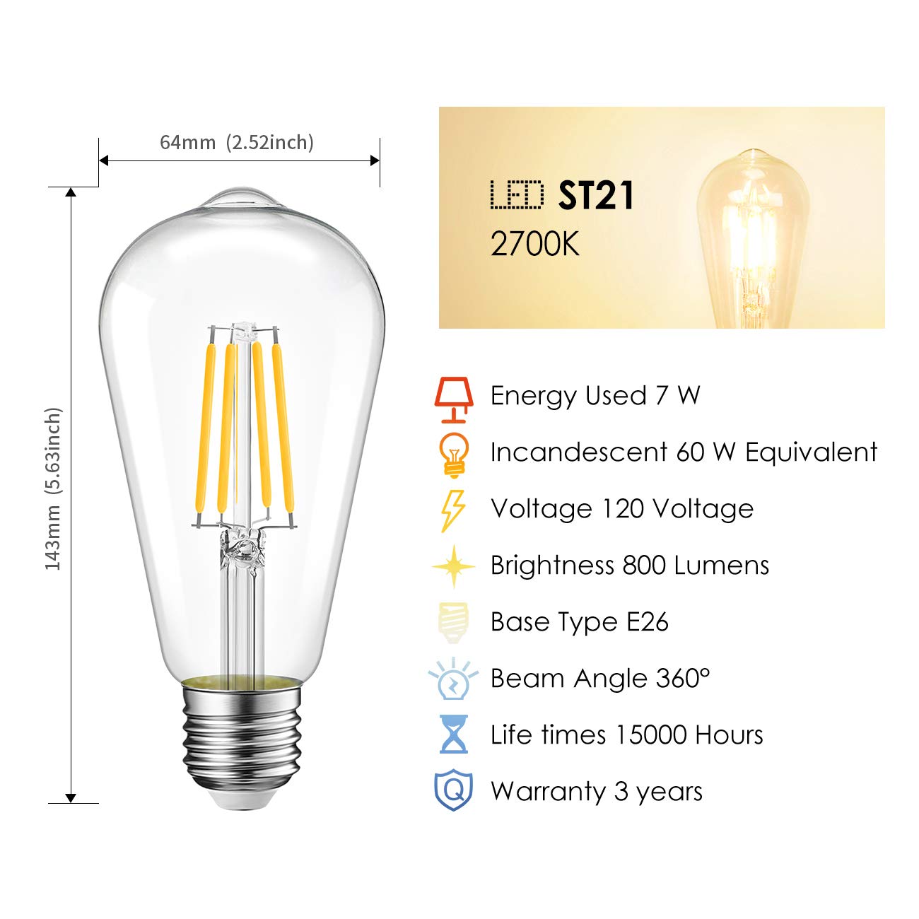 LVWIT LED Filament Bulb 7W Dimmable 2700K Warm White E26 Medium Base, Glass, 6-Pack, Clear