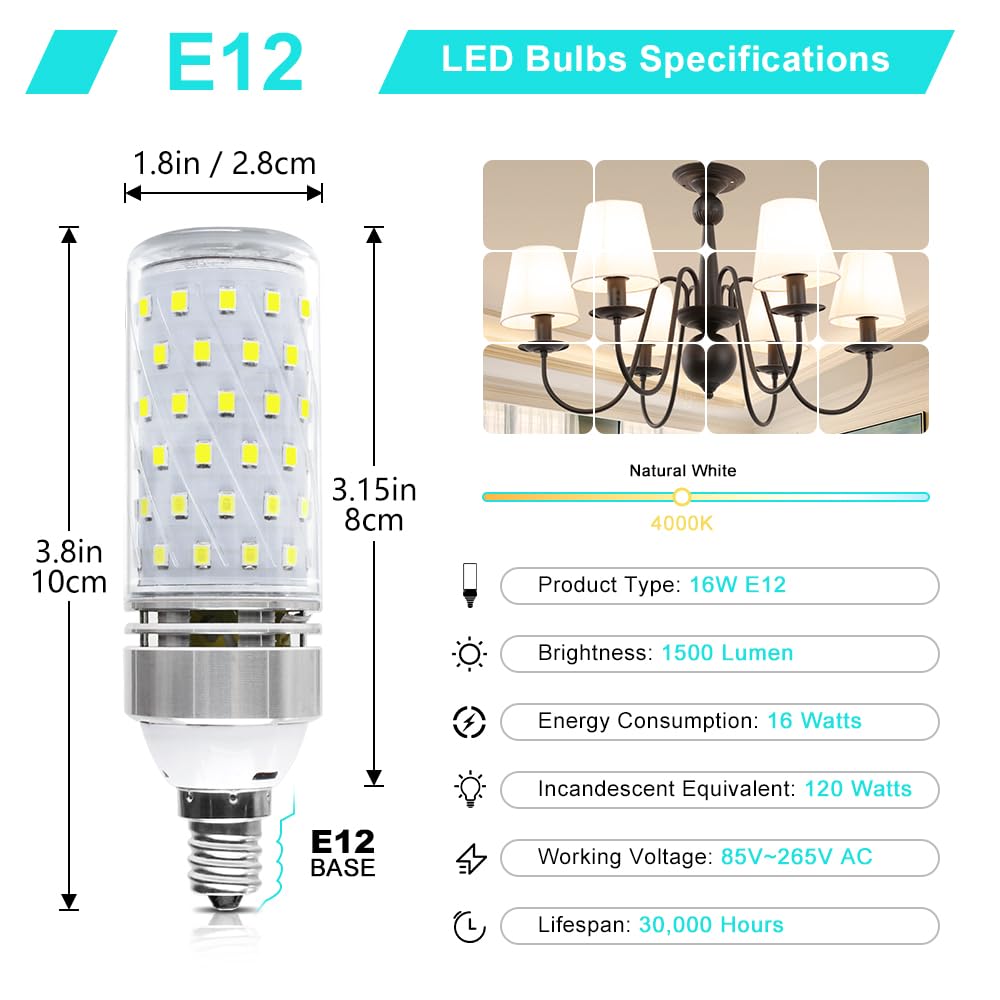 LEDLightsWorld Super Bright E12 LED Bulbs 16W 1500LM Nature White 4000K Pack of 12 Non-Dimmable E12 Base