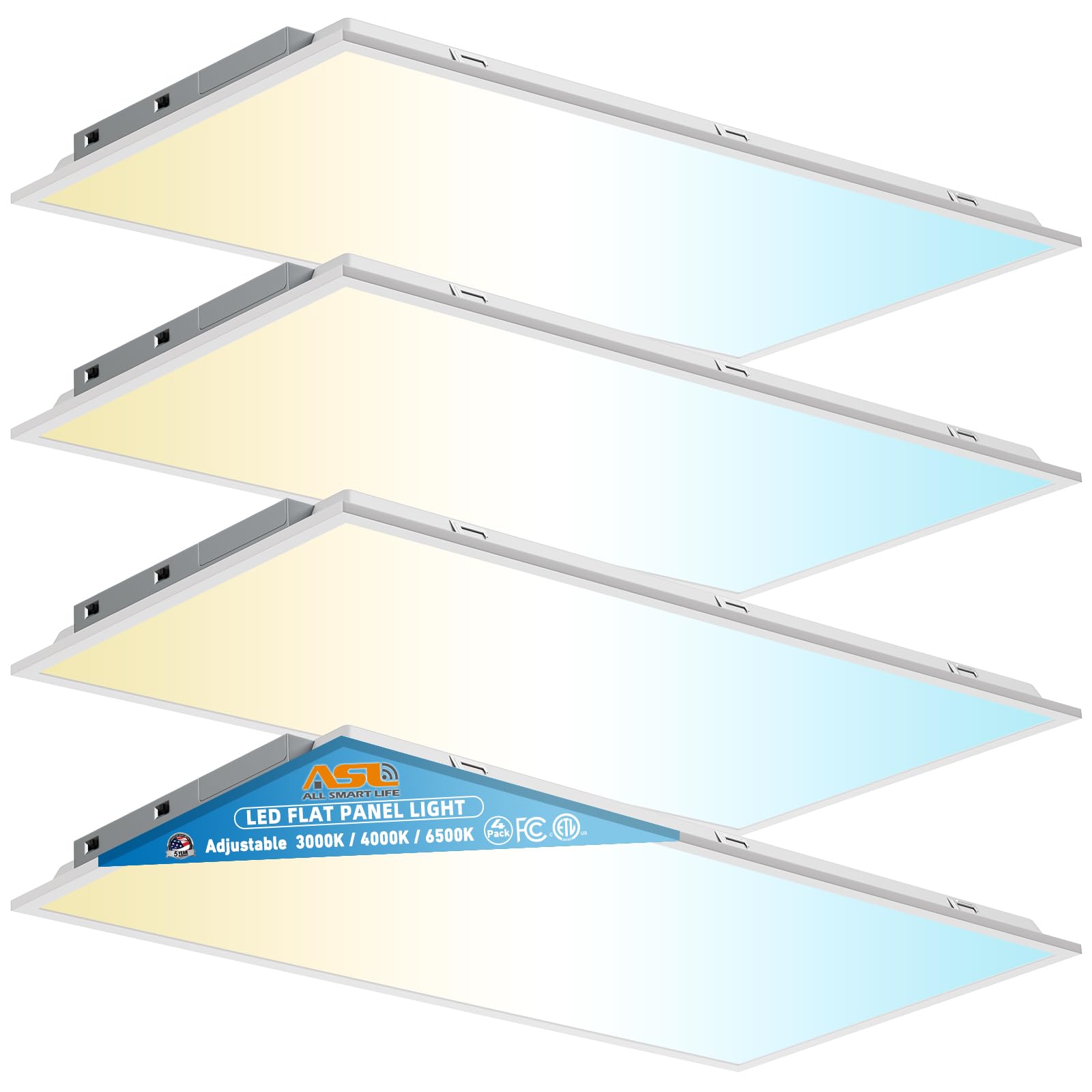 2x4 LED Flat Panel Lights for Drop Ceiling 4-Pack, 7200Lumens 0-10V Dimmable, 3CCT 3000K-4000K-6500K, 24InchX48Inch Back-Lit Rec