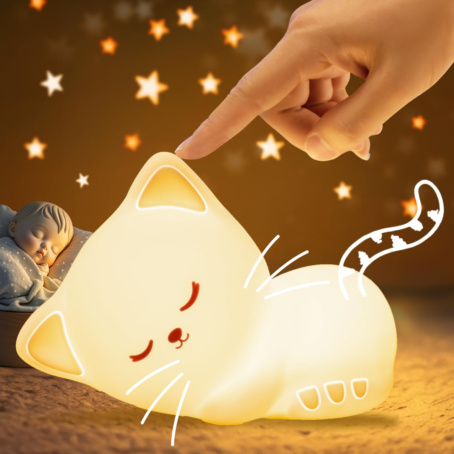 Mubarek Cat Night Light, Dimmable Soft Silicone Lamp, Rechargeable, 16 Colors, Model WH-A16, Small Size, Cute Design
