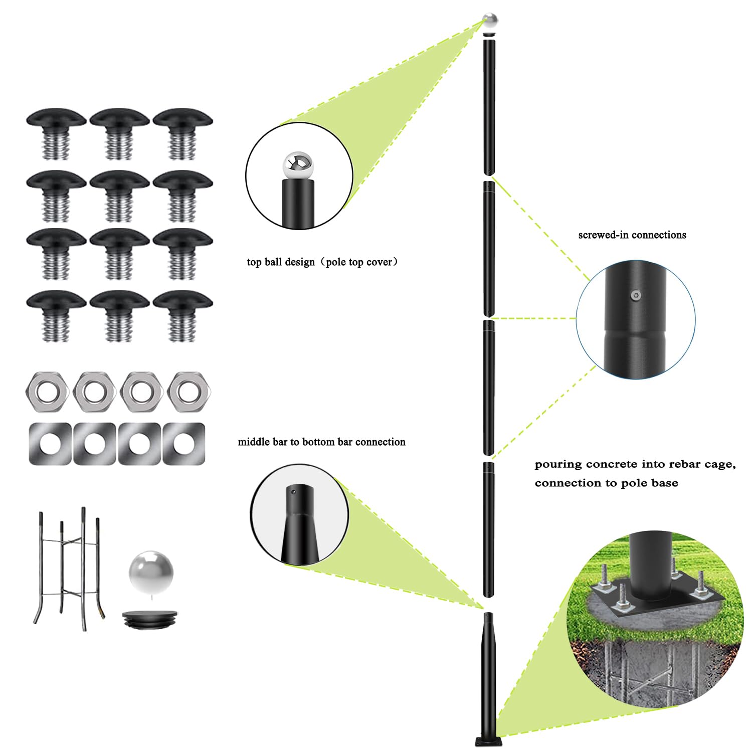 iFvBey 16ft Black Metal Street Light Pole - Adjustable Outdoor Lamp Post with Mounting Steel Anchors, Model DG005m