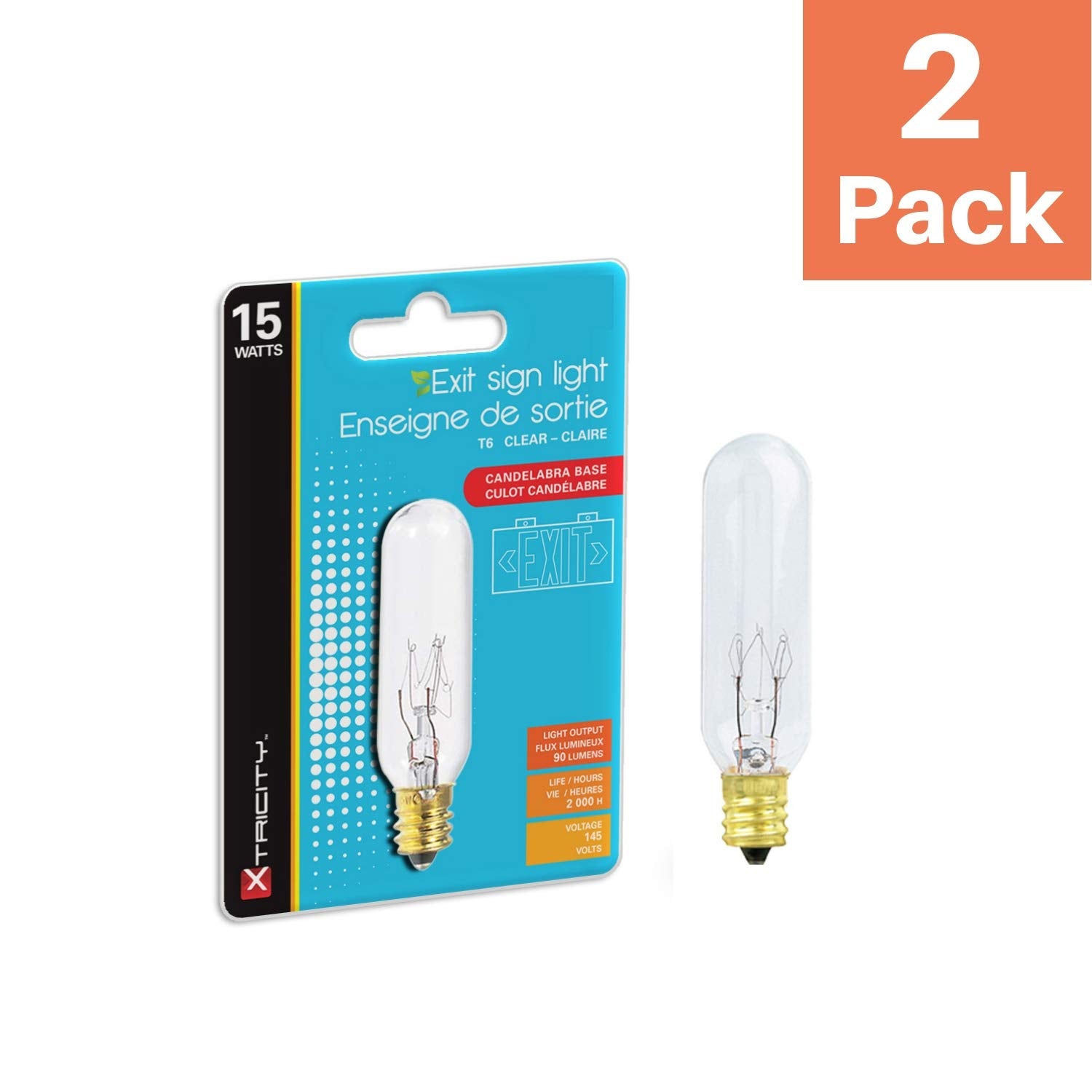 Xtricity 15W Incandescent Exit Sign & Himalayan Salt Lamp Bulb, 2 Pack, E12 Candelabra Base, Dimmable, 2700k Soft White