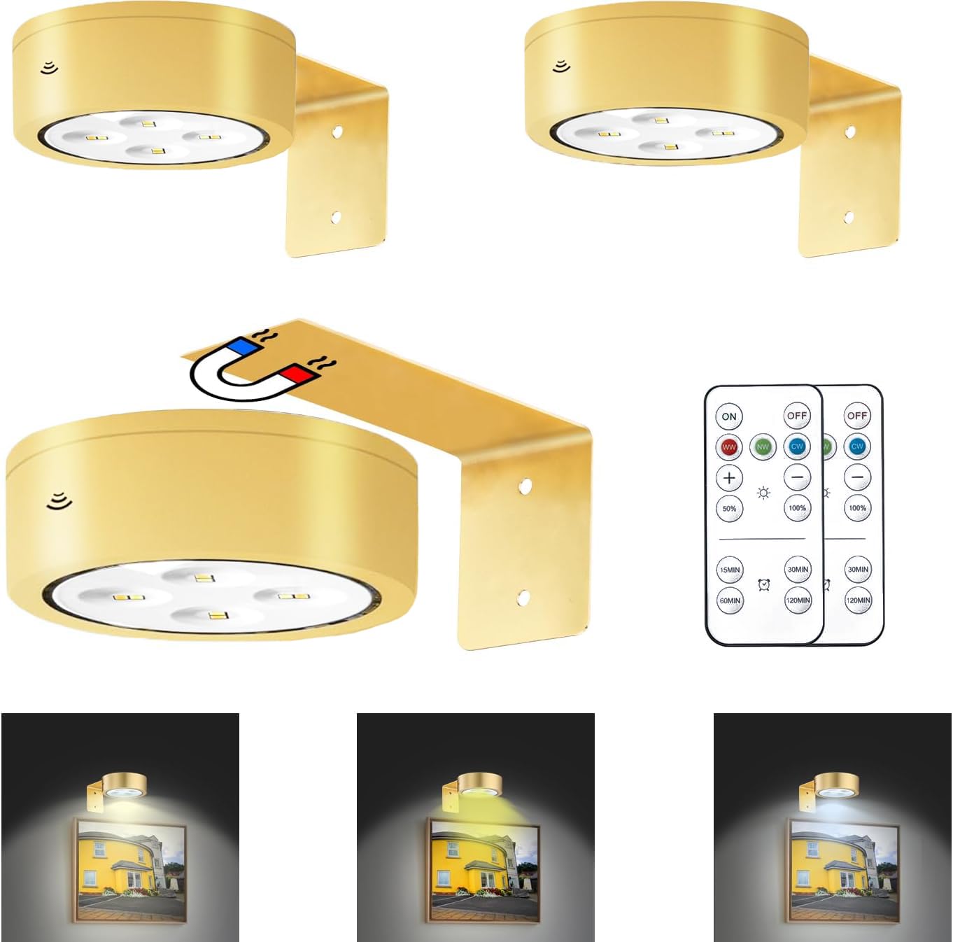 MIOBLUE Picture Light, 3-Pack Battery Operated, Wireless Magnetic Art Light, Remote Control, Dimmable, Gold, Model PCT-3Packs-g