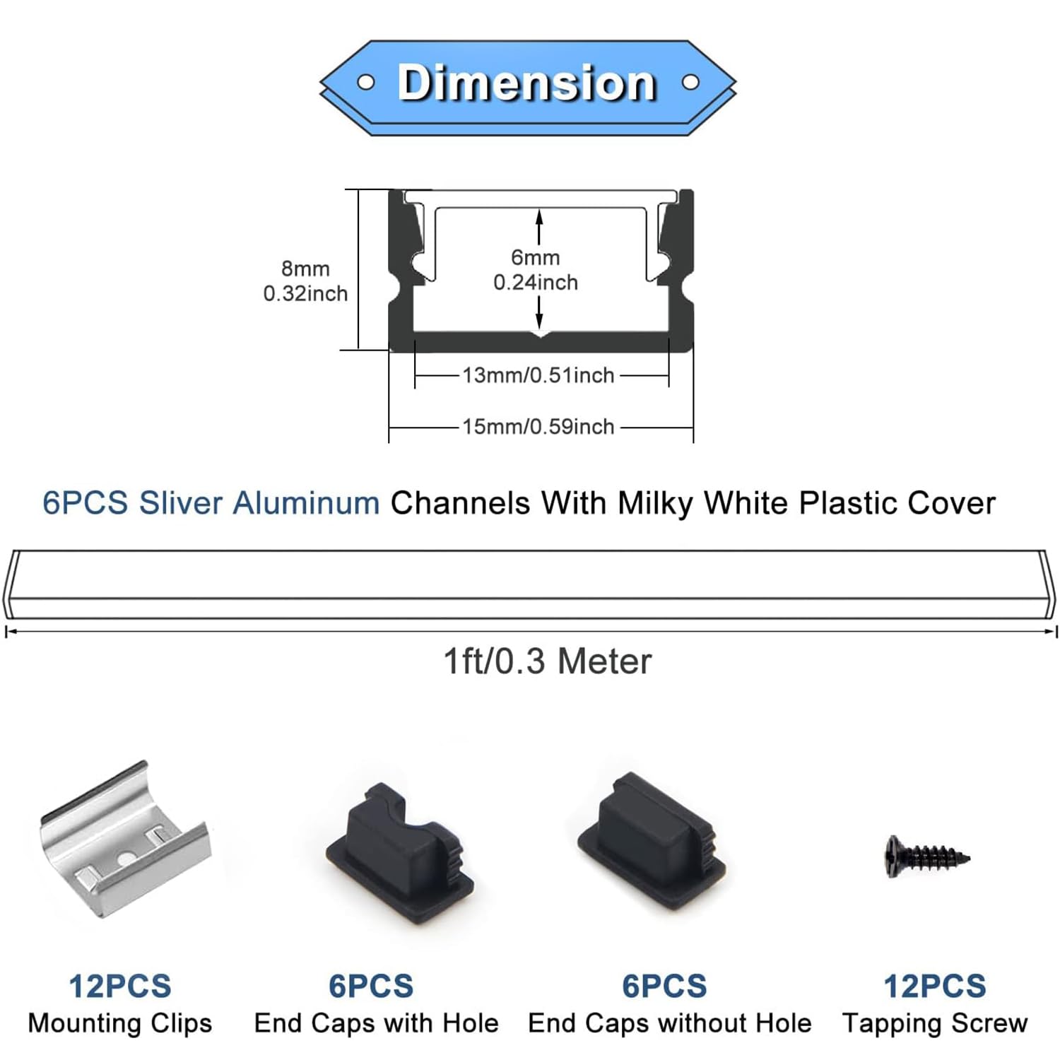 Vst 6Pack 1Ft Black Led Aluminum Channel With Black Smoky Transparent Cover U Shape 15X8Mm, Led Strip Light Track With End Caps
