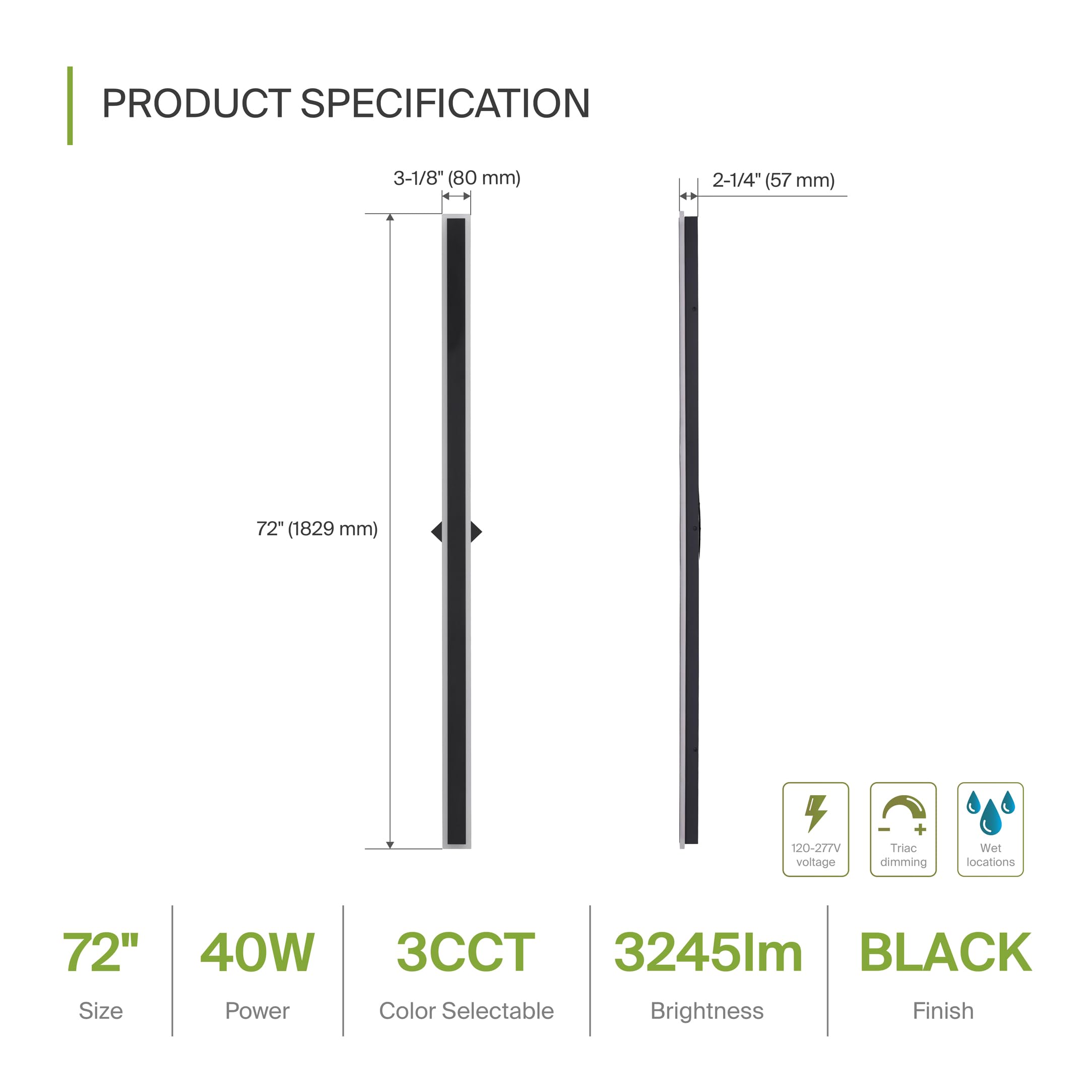 ASD LED Wall Light Fixture 72 Inch 40W 3200LM Dimmable Waterproof Black A-LWS27N-72D40BK