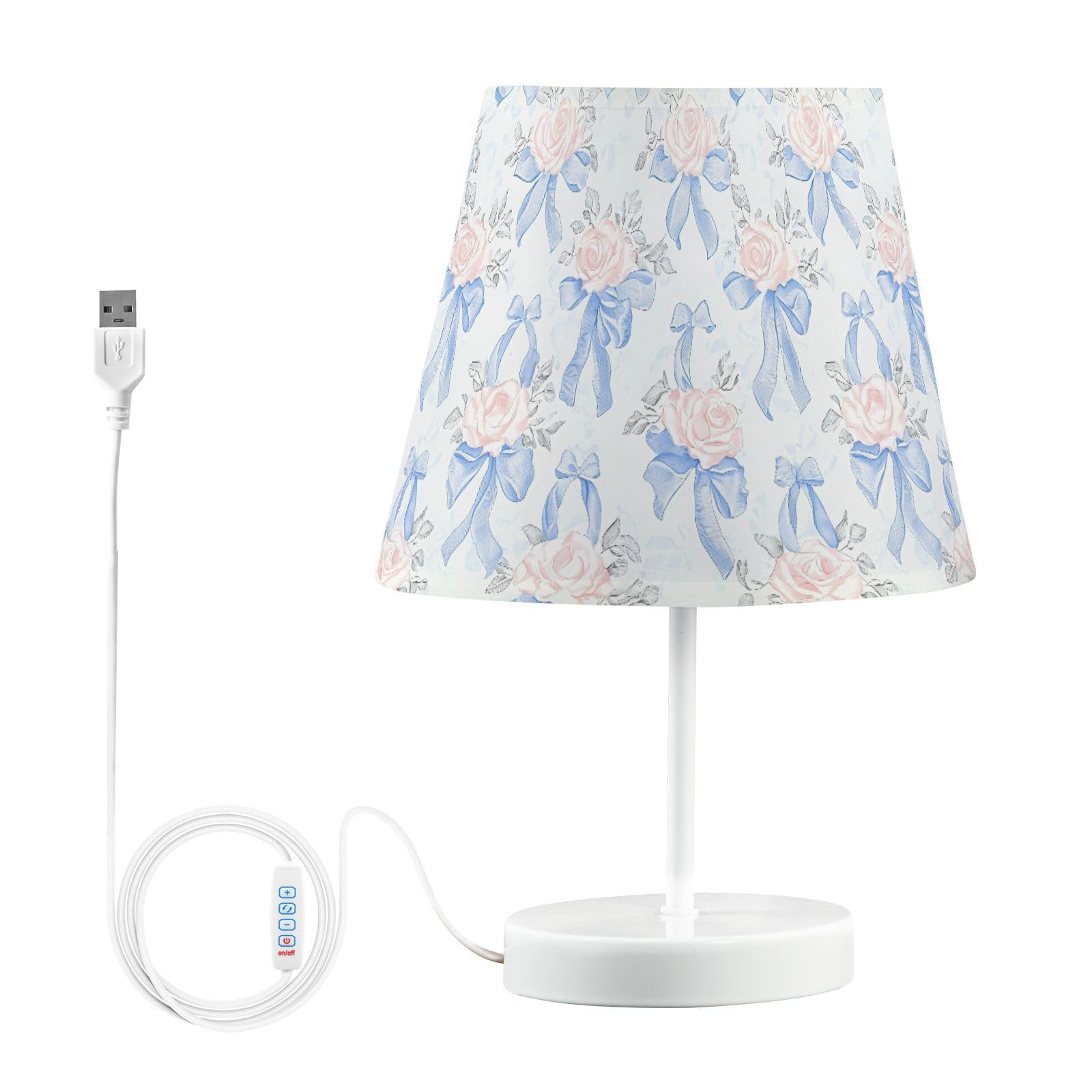 BOENLE Bedside Lamp Blue Bows Pink Roses Table Lamp Bedroom LED Nightstand Desk Lamp Lampshade for Sleeping Living Room Dorm Off