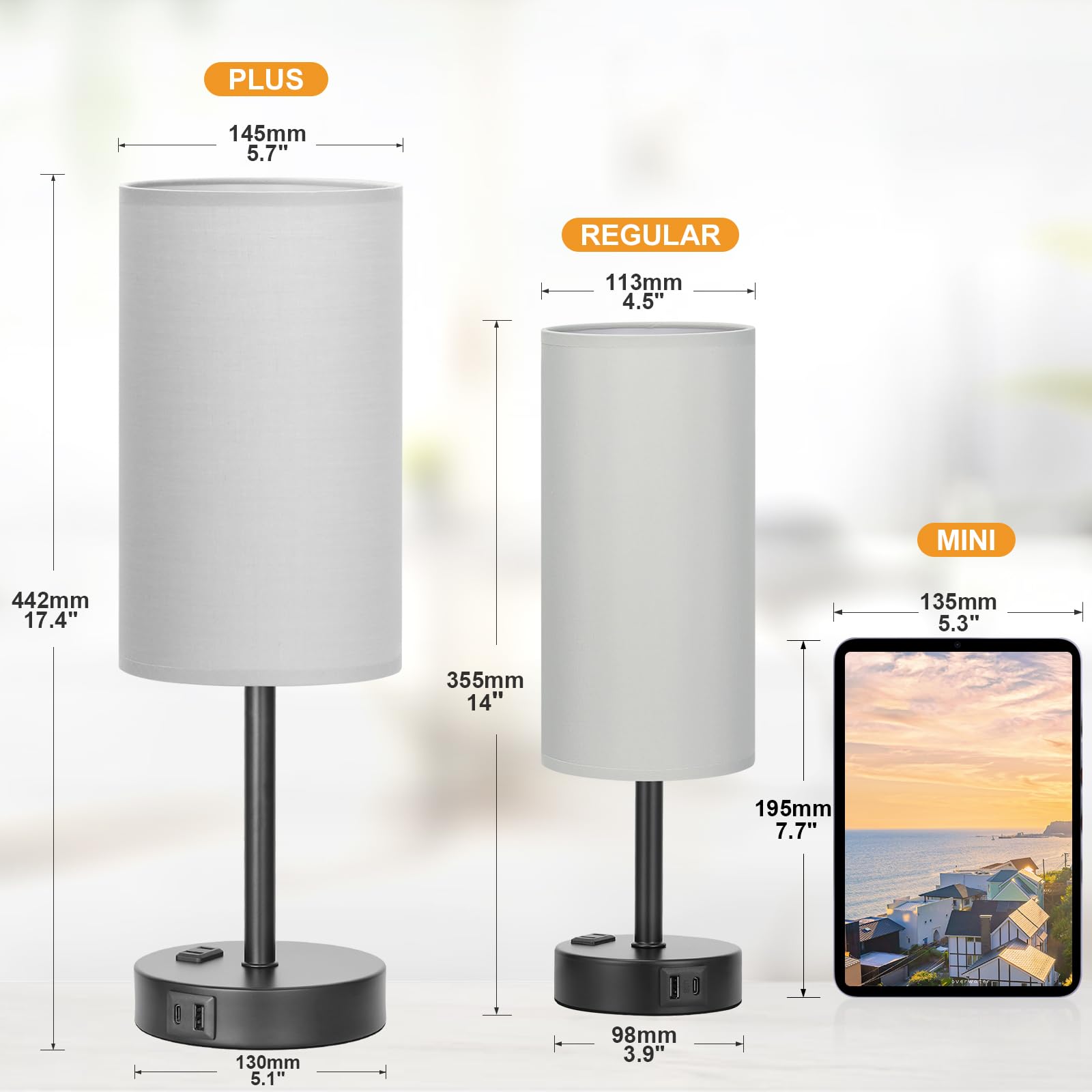 Fenmzee Touch Bedroom Lamp - Grey, 3-Way Dimmable, Usb A + C Charging, Ac Outlet, 17.4Inch Medium