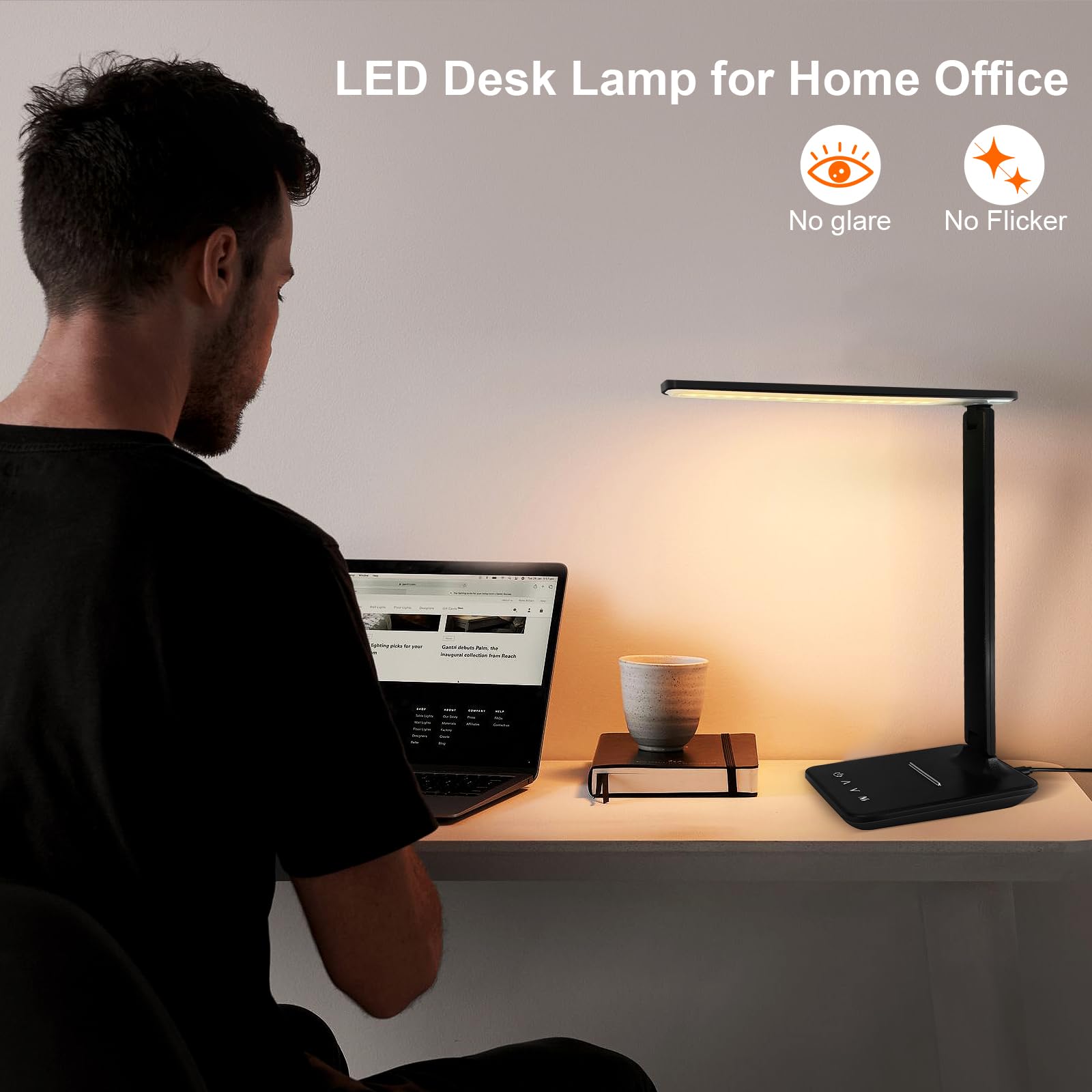 karidi LED Desk Lamp, Dimmable, 5 Lighting Modes, USB Charging Port, Foldable, Black, Model TX26A