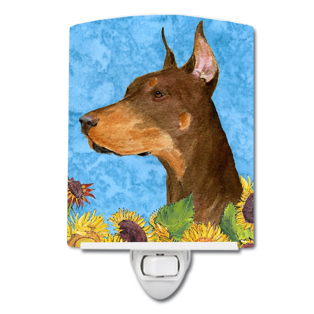 Caroline'S Treasures Ss4237Cnl Doberman In Summer Flowers Ceramic Night Light Compact, Ul-Certified, Ideal For Bedroom, Bathroom, Nursery, Hallway, Kitchen, 6X4X3, Multicolor