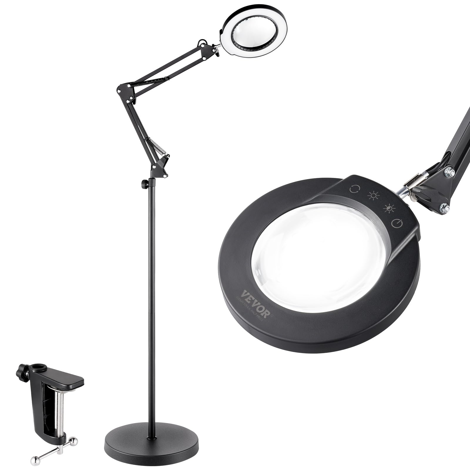 VEVOR Magnifying Floor Lamp - 5X Height Adjustable Floor Standing Magnifying Glass 3-in-1 LED 5 Color Modes Stepless Dimmable with Flexible Arm for Reading Craft