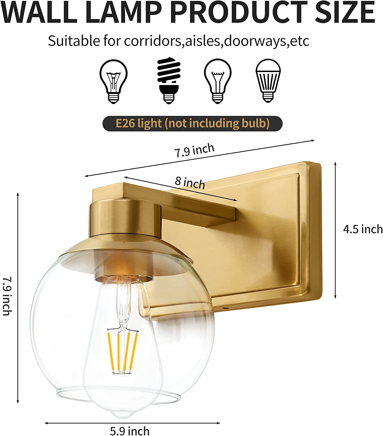 Pazala 2 Pack Brushed Brass Sconces Wall Lighting Set Of 2 For Bedroom Bathroom Wall Lights Fixtures, Clear Globe Glass Lamp,Wal