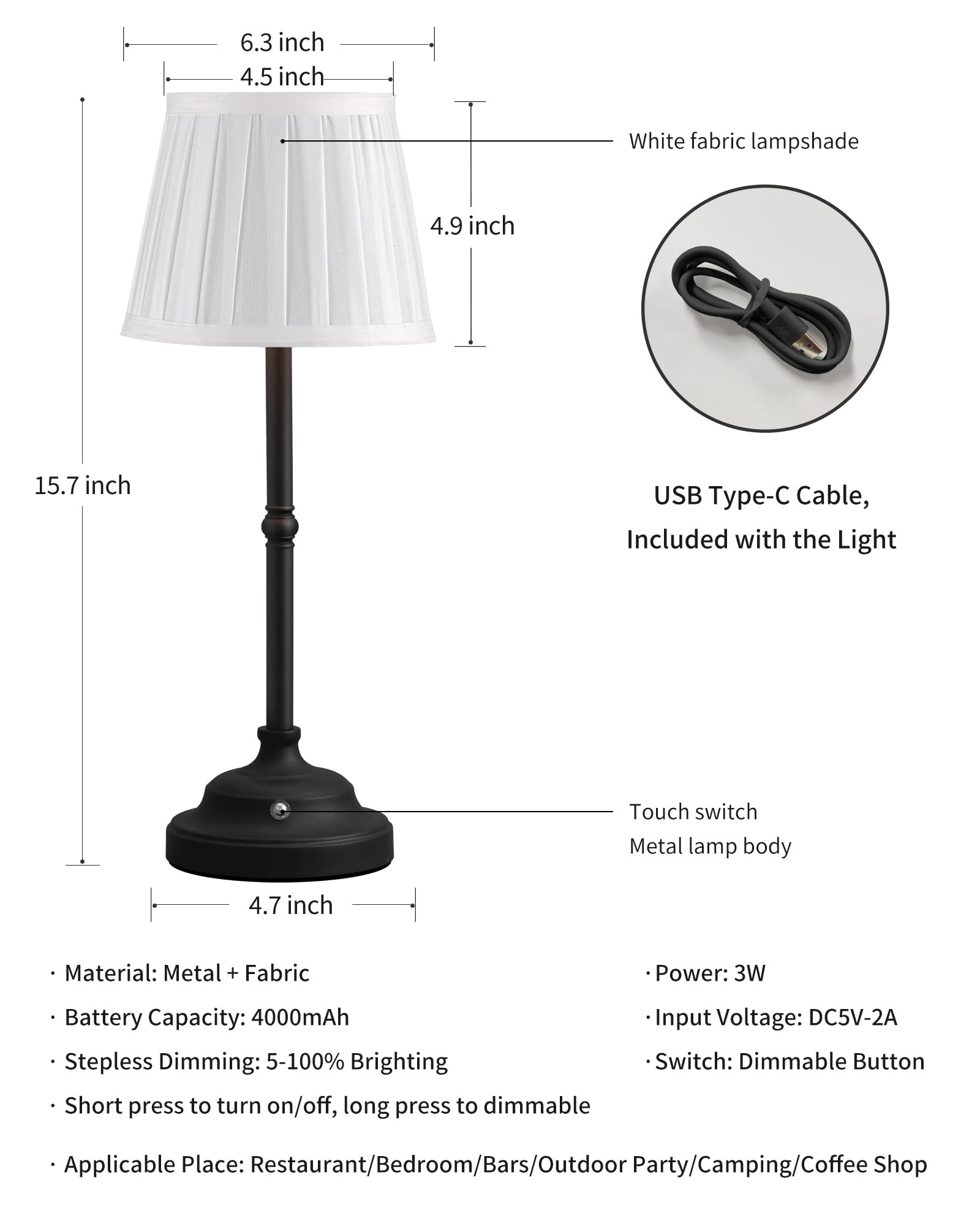 Kdg Cordless Led Table Lamp, Portables Fabric Shade Desk Lamps, 4000Mah Rechargeable Battery Powered Lighting, Dimmable Light Fo