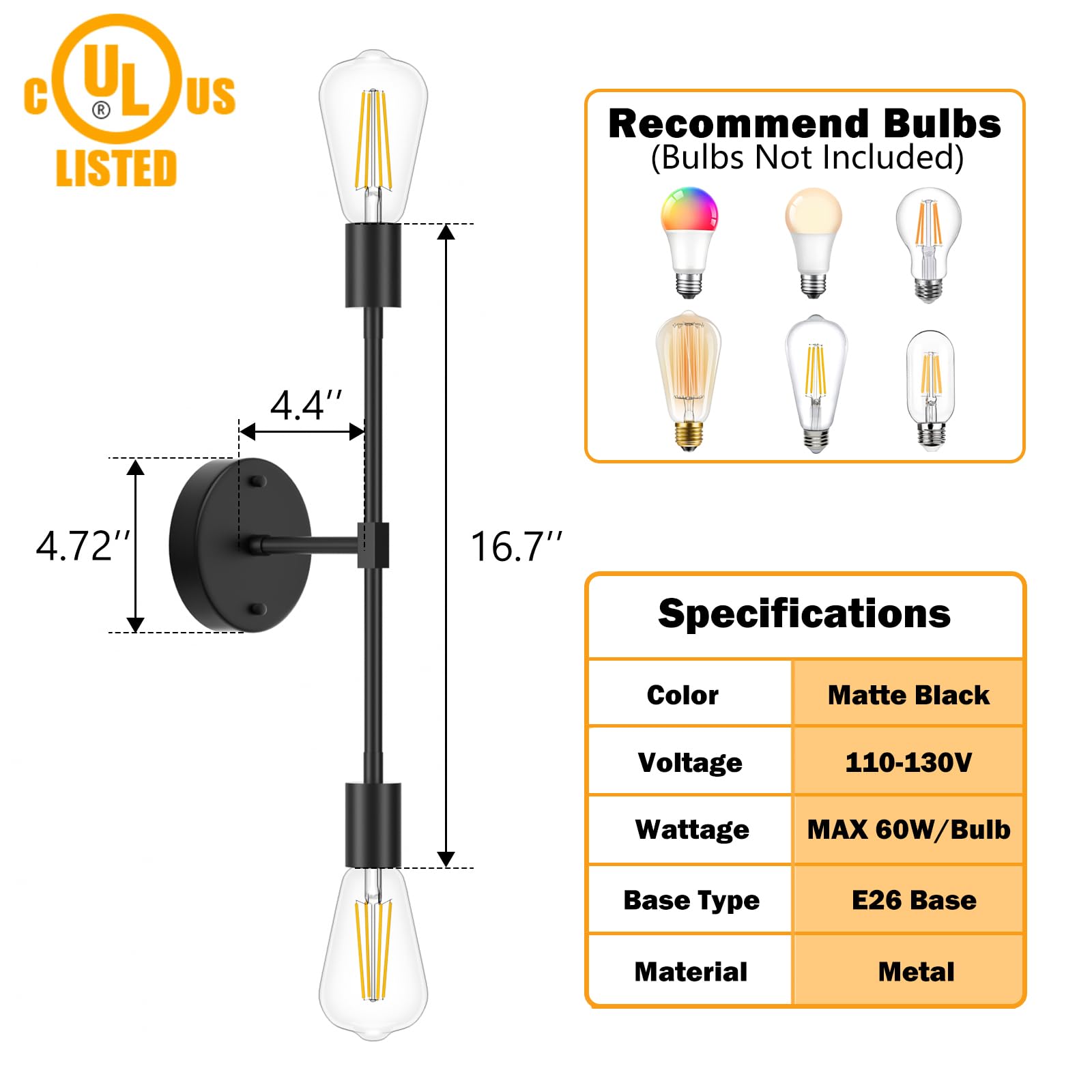 FadimiKoo 2-Light Bathroom Light Fixture, Black Metal Wall Sconces, Indoor Semi Flush Mount, 1 Pack