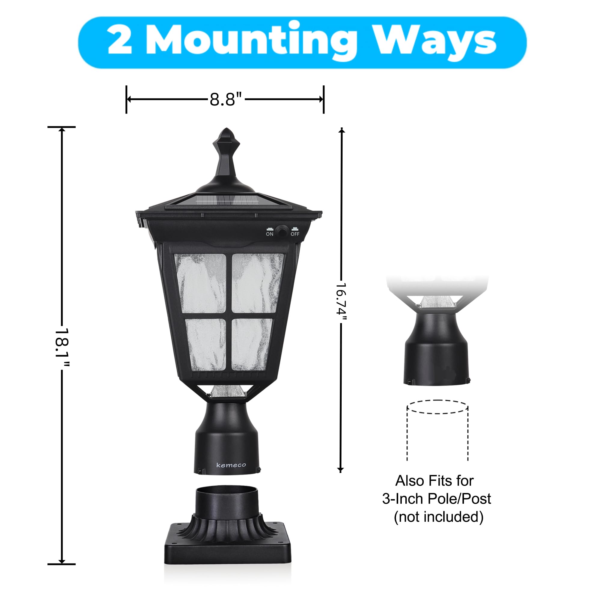Kemeco ST4311AQ LED Solar Post Light Fixture, 3-Inch Fitter, Black Metal for Outdoor Garden Mount