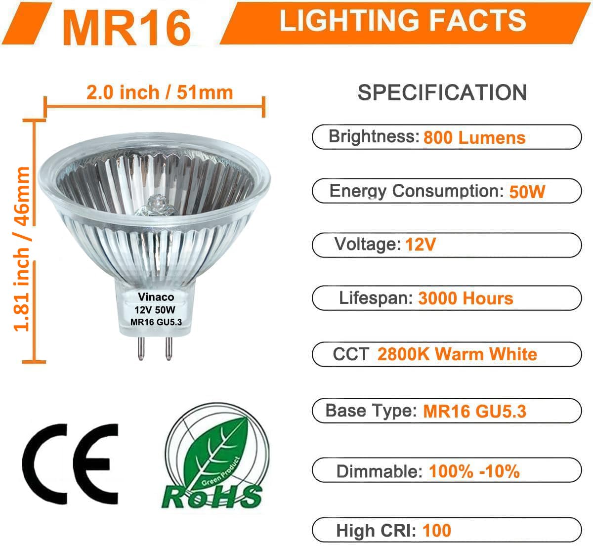 Vinaco MR16 Halogen Bulb 50W 12V Dimmable, 10 Pack Warm White GU5.3 Base for Landscape & Track Lighting