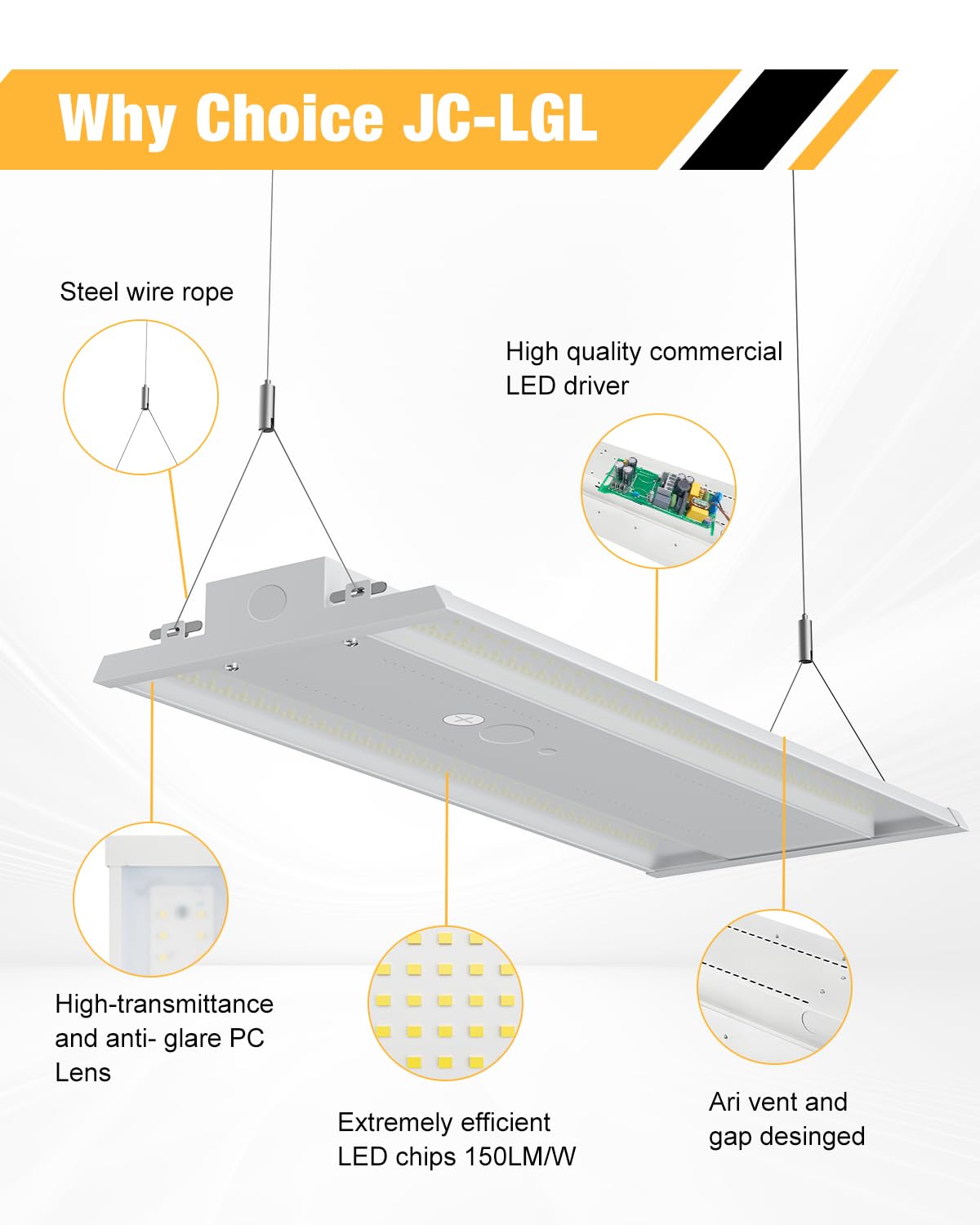 JC-LGL 300W LED High Bay Light, 45000LM, 5000K, UL Listed, White, 4 Pack, 120-277V, 5 Years Warranty