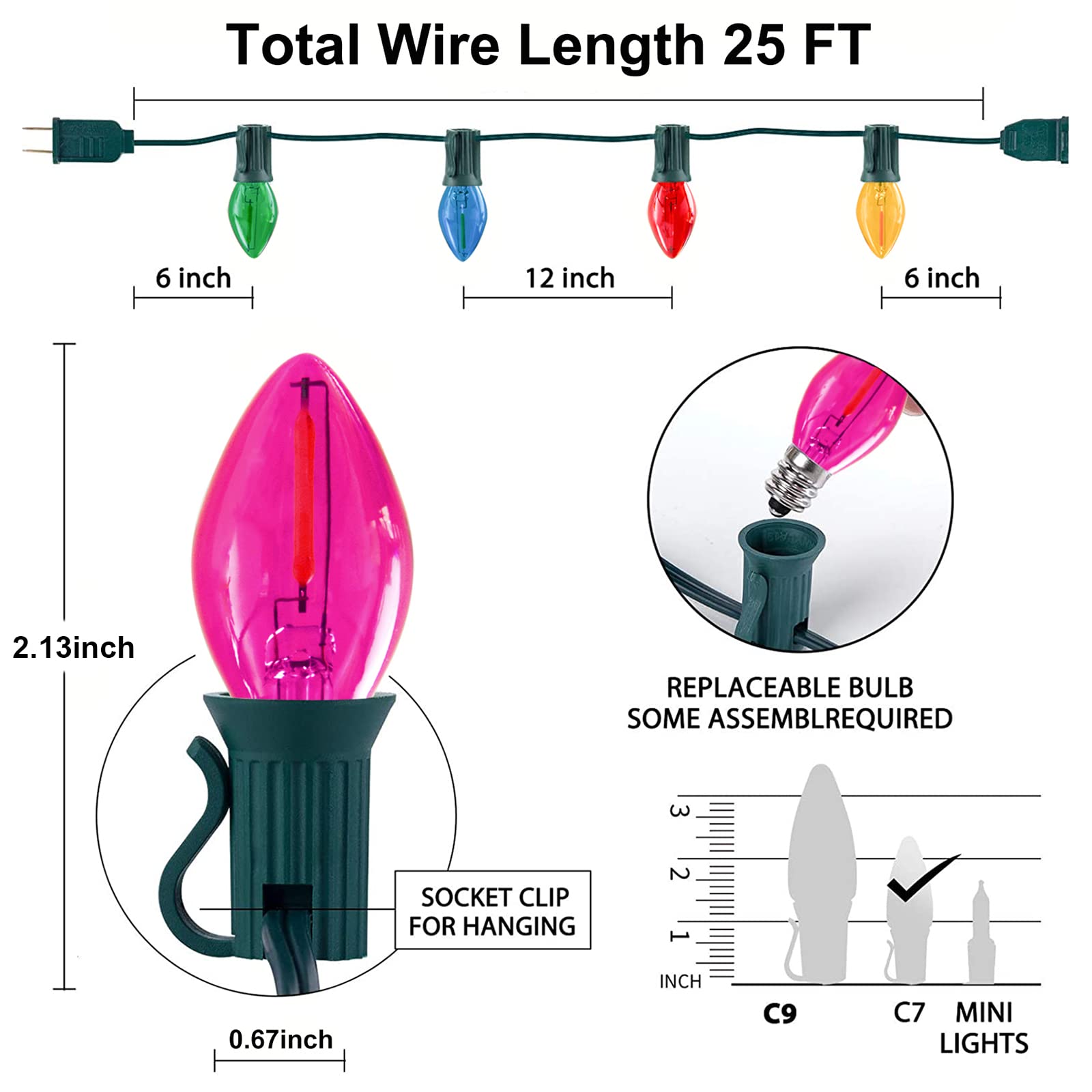 25 Feet Multicolor Christmas Lights, C7 Led Christmas String Lights With 27 Led Clear Colored Lights(2 Spare), Outdoor Vintage C
