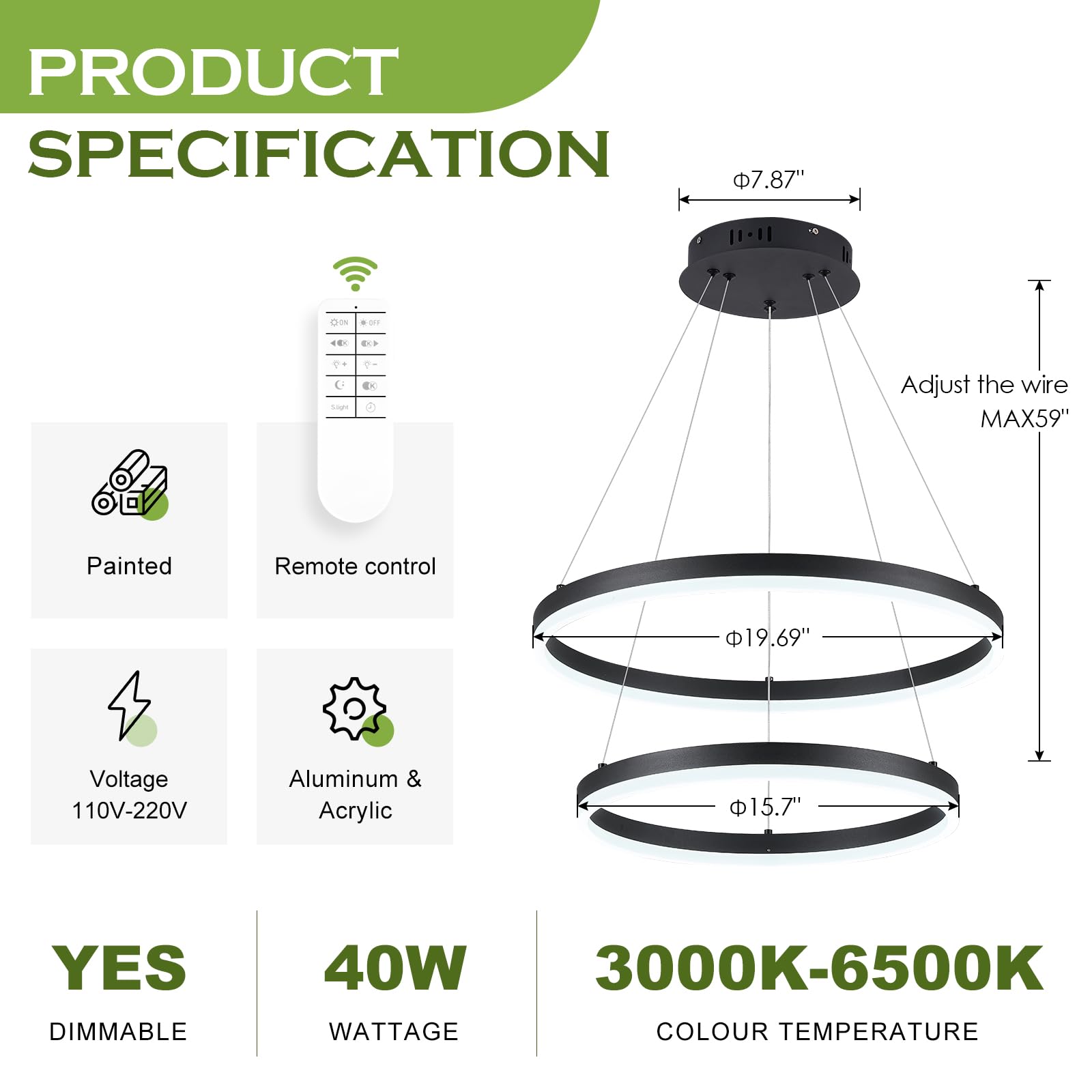 Benkut 2-Rings Modern LED Chandelier, Dimmable Ceiling Light, Remote Control, Black, 3000K-6500K for Dining Room & Living Room