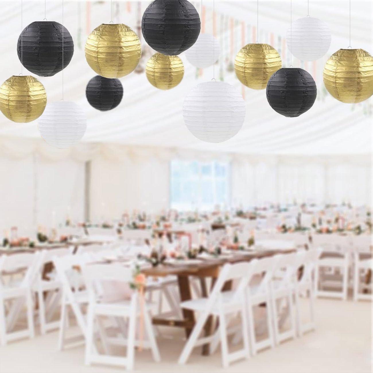 Siprkaict Paper Lanterns Party Decorations,12Pcs Gold Black White Hanging Paper Lantern For For Wedding Graduation Anniversary B