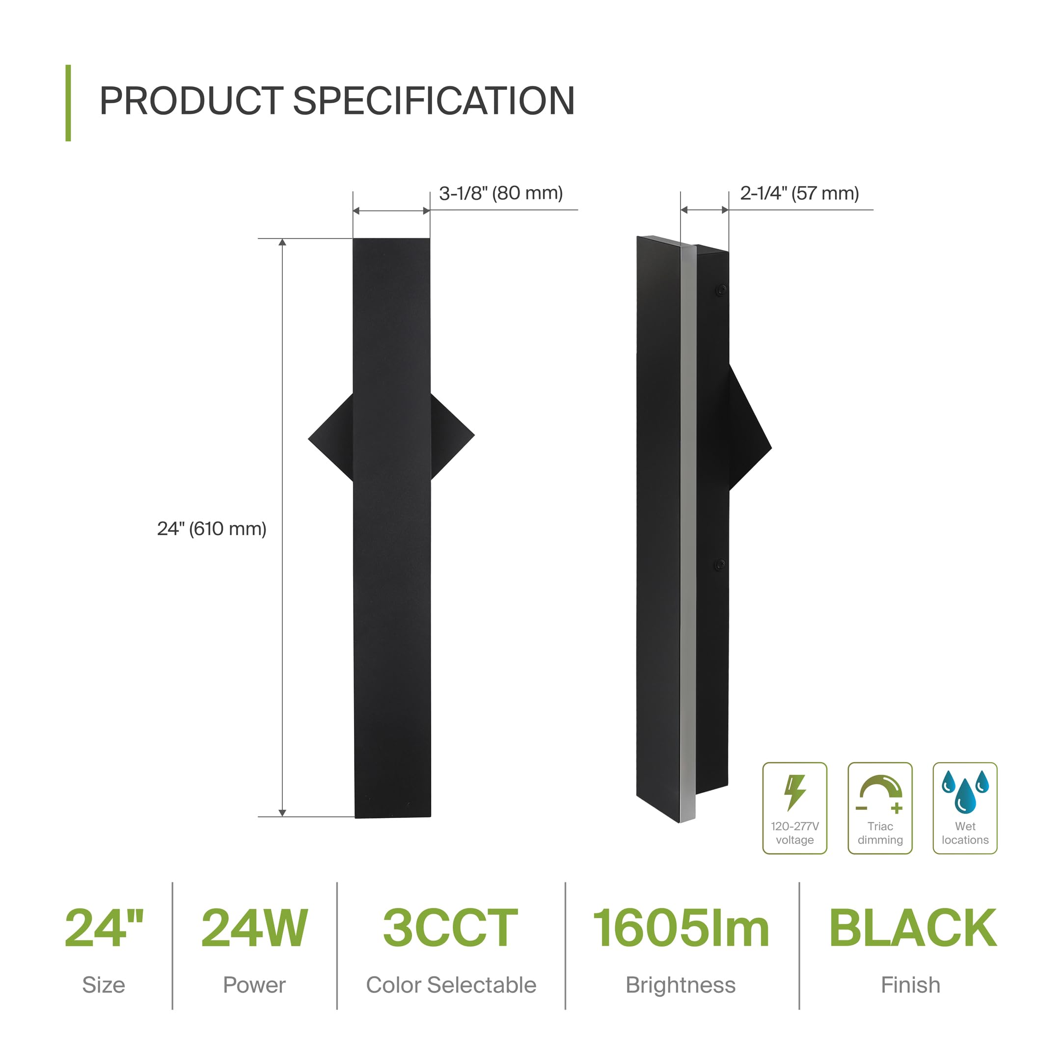 ASD LED Wall Mount Light Fixture, 24W 1500LM, Dimmable, Waterproof, 24 Inch, Black, Model A-LWS27B-24D24BK