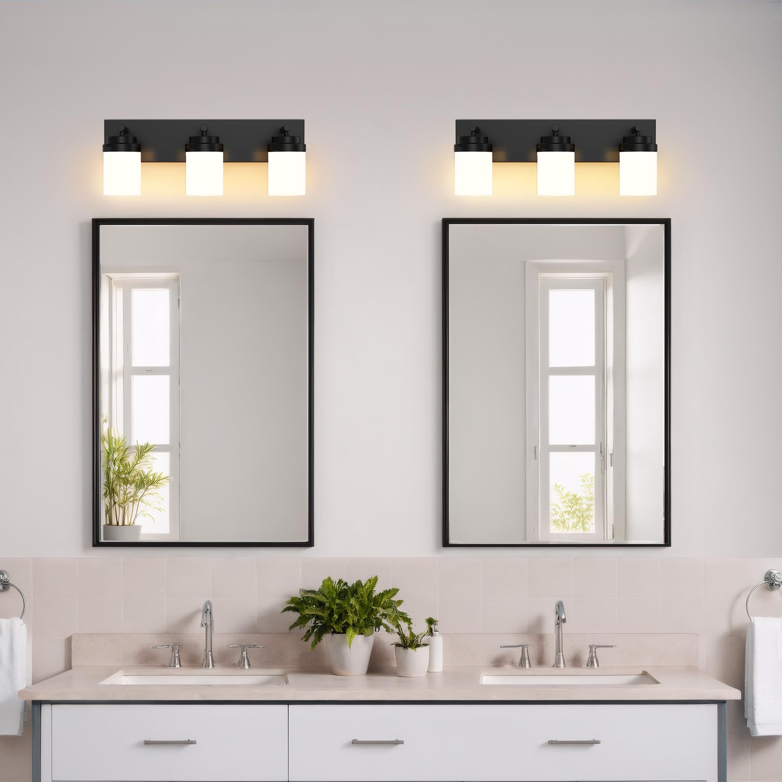LKHF Bathroom Vanity Light, 3-Light Matte Black Fixture, Clear Glass Shade, Model SPU143T, 22in Base Plate