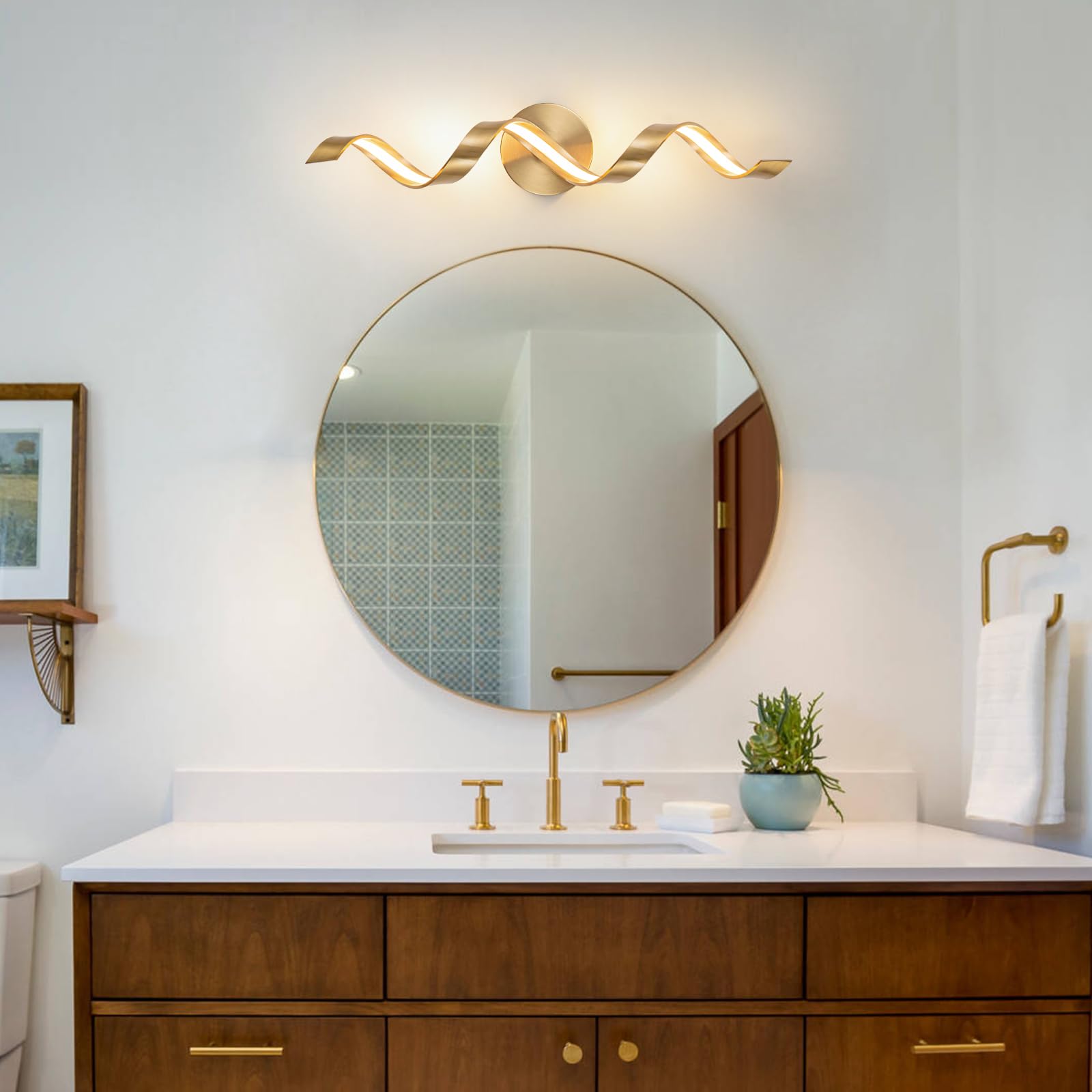 Huoku 24" Dimmable Gold Led Bathroom Light, Modern Spiral Vanity Fixture, 15W Warm Light