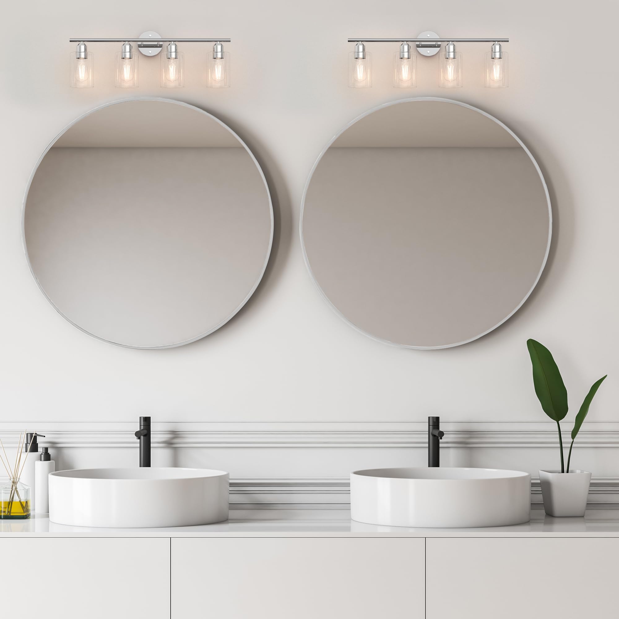 Espird Bathroom Vanity Light Fixtures - 4 Lights Polished Chrome Metal Sconces with Cylinder Glass Shade, Model L01-4-GE