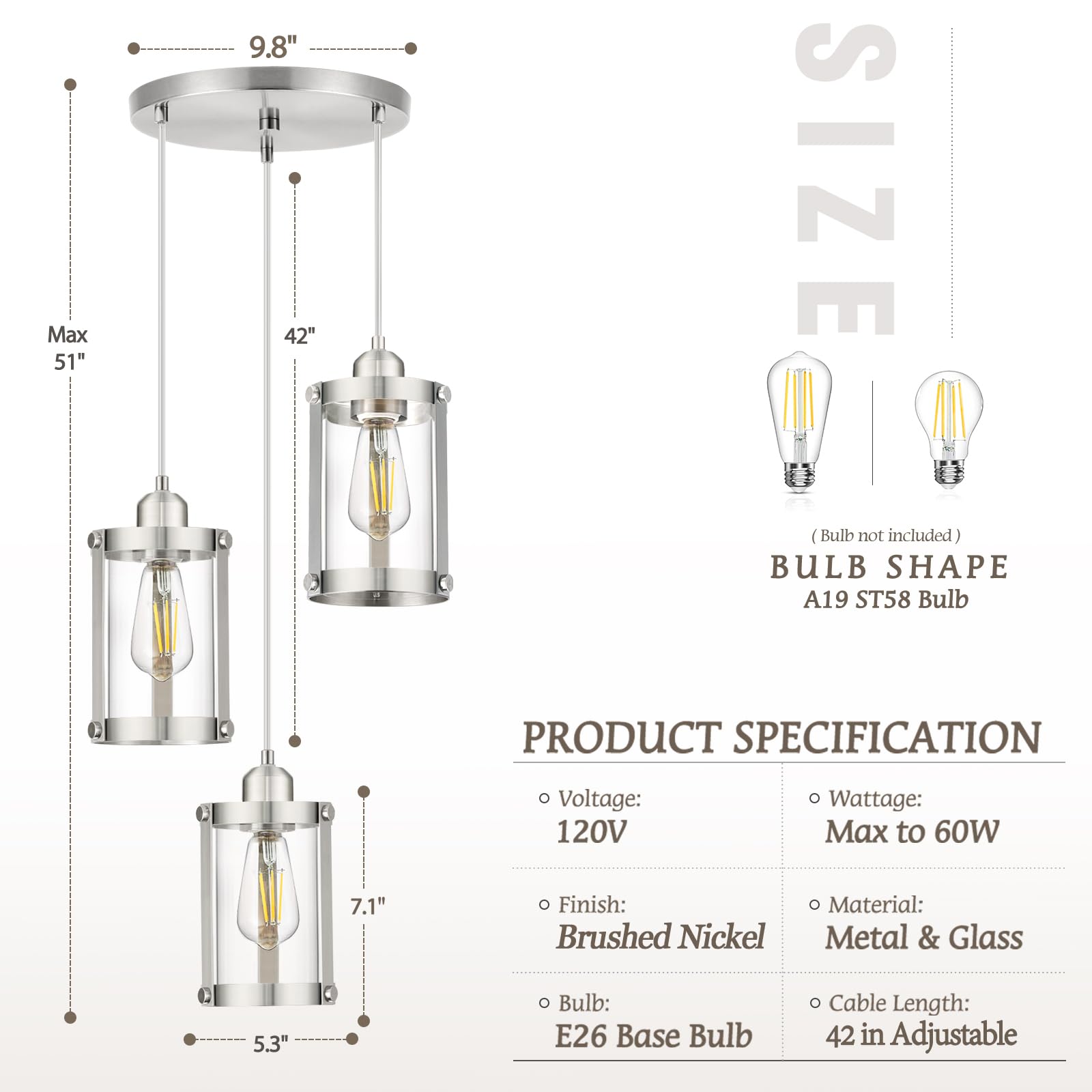Osimir 3-Light Pendant Lighting, Brushed Nickel Dining Room Chandelier Light Fixture Over Table With Clear Glass, Modern Cluster