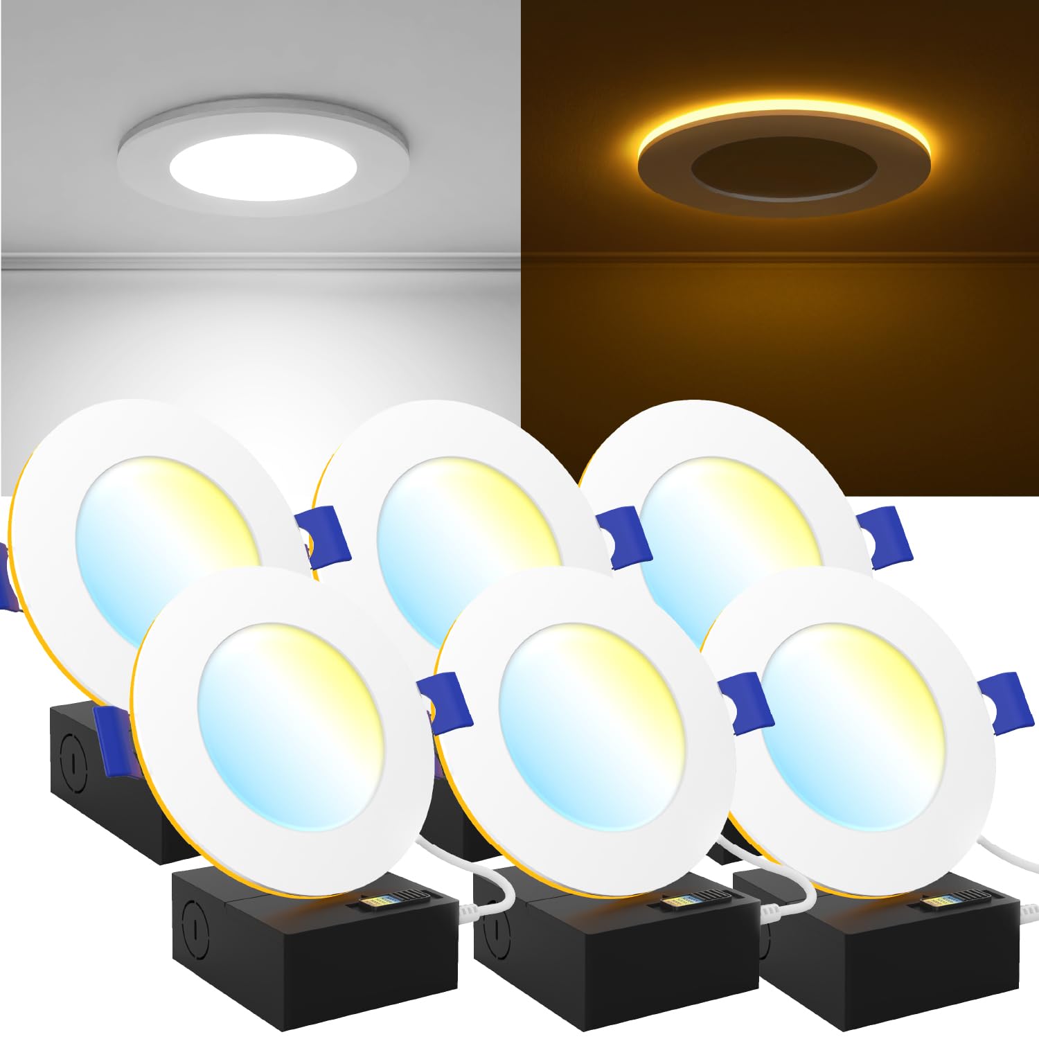 Sunco 6 Pack 4 Inch Ultra Thin Led Recessed Ceiling Lights Slim With Night Light, 900 Lm, Selectable Cct 2700K/3000K/3500K/4000K/5000K, Dimmable, 11W, Canless With Junction Box