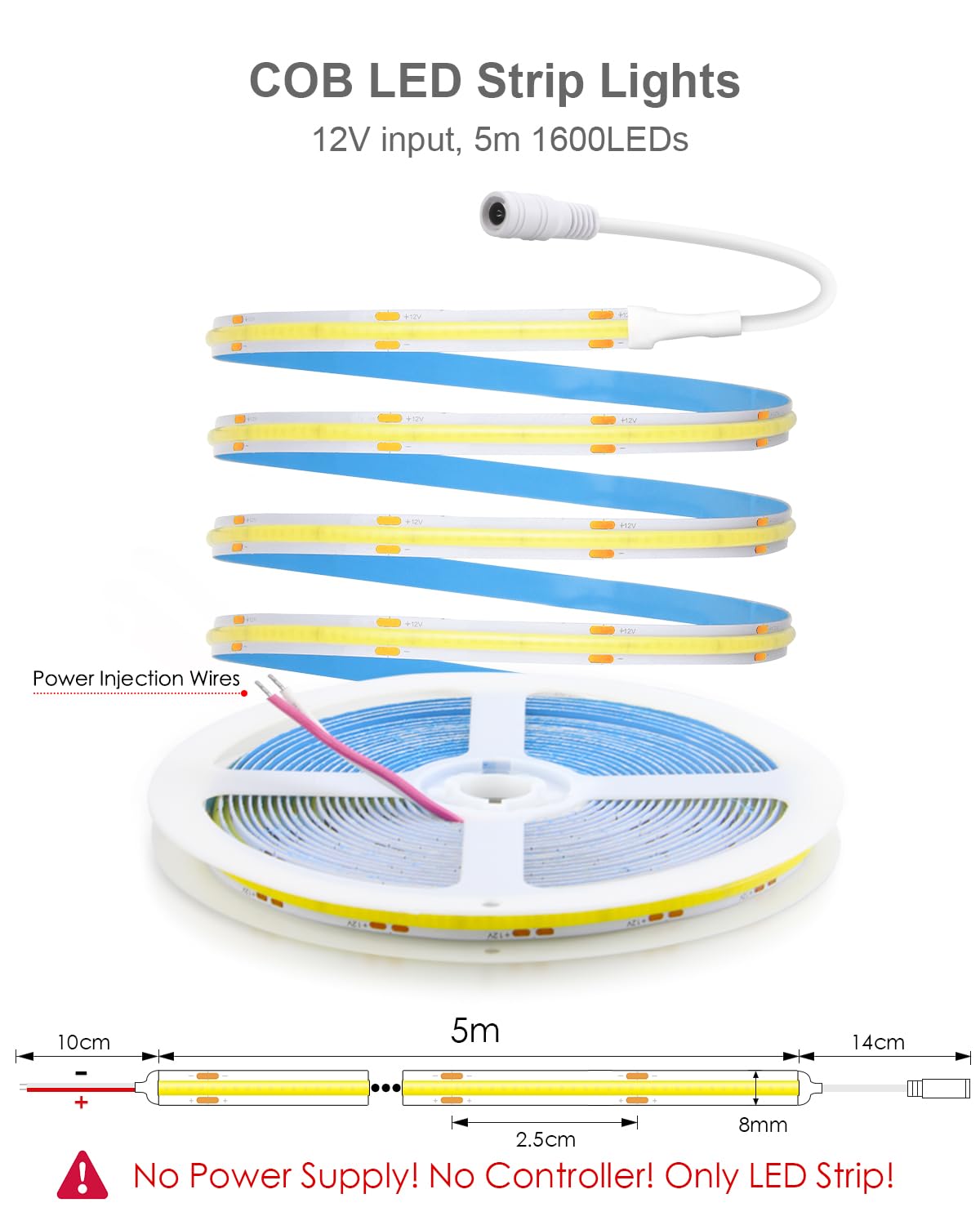 Alitove 16.4Ft Cob Warm White Led Strip Lights 12V 8Mm 1600 Leds High Density Led Tape Light Cri>90 Uniform Glow Diffused Cob Le
