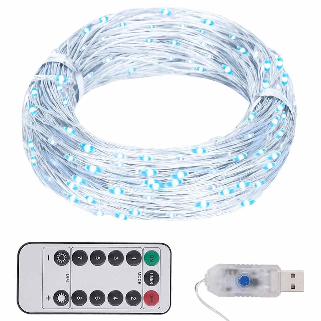 vidaXL LED String Lights - 150 Cold White Decorative Lights, 8 Lighting Modes, Flexible Copper Wire, 49.2in Length, Remote Control