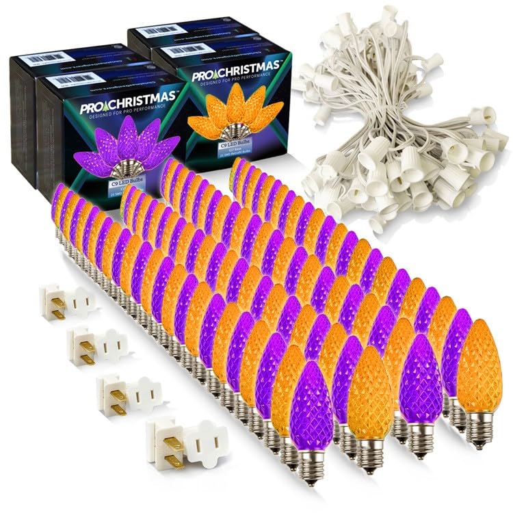 Pro Christmas C9 LED Christmas Light Kit for Rooflines & Pathways - DIY Cut to Length  Outdoor Commercial Grade (White Wire w/Vampire Plugs  100 Bulbs  100 ft) Purple and Amber