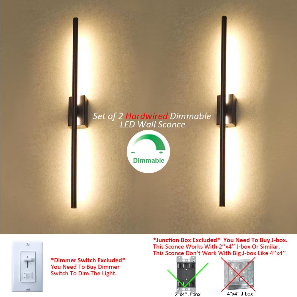 Reddragon Lighting 32" Hardwired Dimmable Black Tube Wall Sconce Set of 2 for Bathroom, Bedroom, Living Room, Hallway