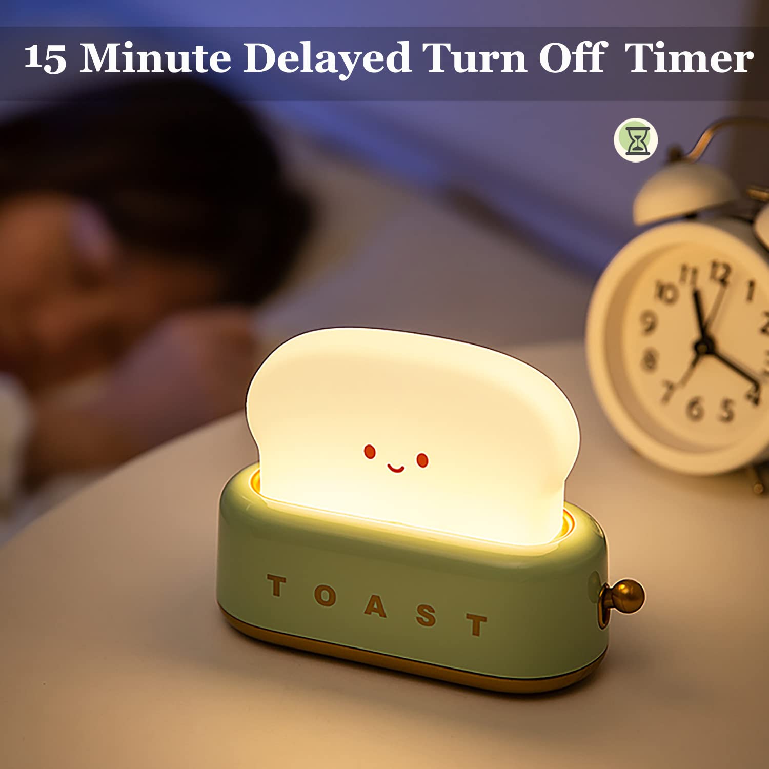 Cute Toast Lamp,Smile Face Night Light, Led Dimmable Bread Light,Rechargeable Desk Decor Lamp With Timer,Sleep Lamp For Bedroom Bedside Decorations,Aesthetic Gifts For Teen Girls (Green)
