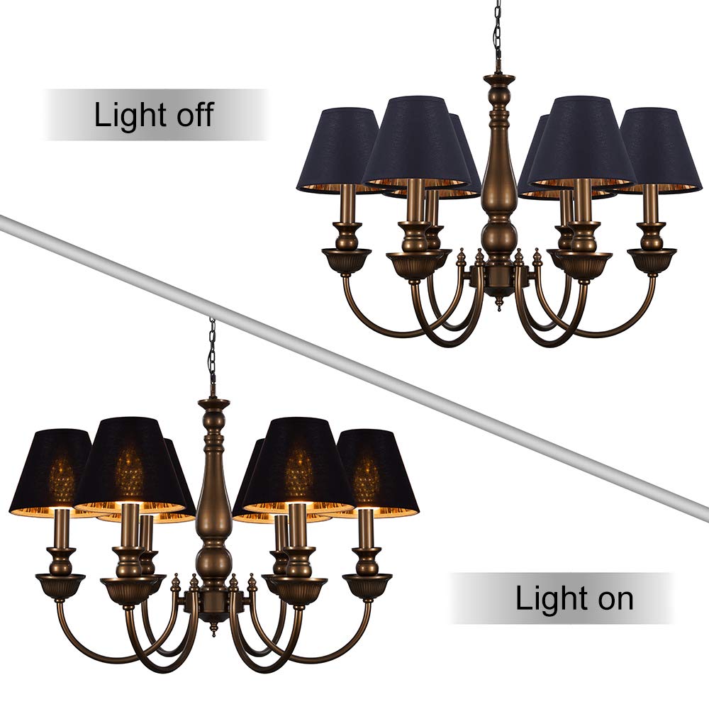 Wellmet Chandelier Lamp Shades, Fabric, Black-Gold, Set Of 6, Clip-On Fitter, 3 X 6 X 5, Model Lp-Tap-Black