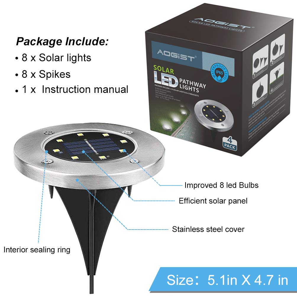 Aogist Solar Ground Lights, 4 Pack LED Garden Disk Lights, Stainless Steel, White, In-Ground Outdoor Landscape Lighting for Lawn & Pathway