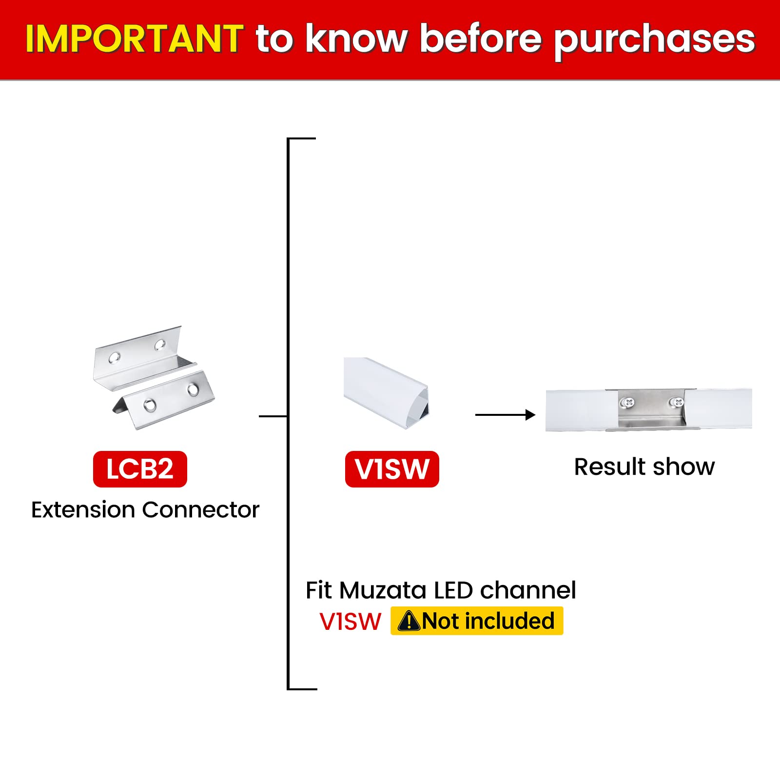 Muzata Extension Connectors for V-Shape LED Channel, Stainless Steel, Silver, Model LCB2, 20-Pack