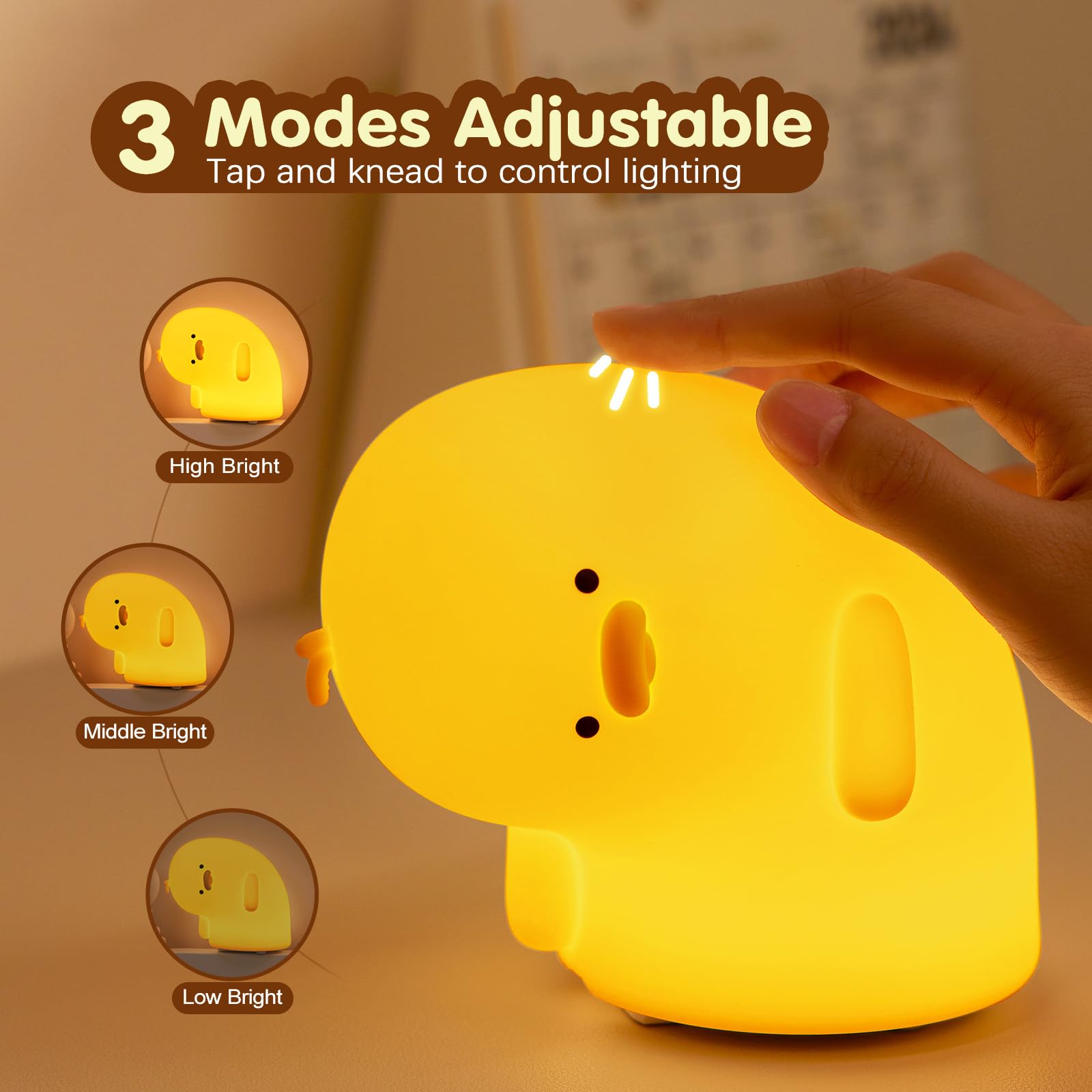 VTIGER LED Duck Night Light, Dimmable Silicone Touch Lamp, Rechargeable Nursery Decor, Duck Yellow, Model DNLY